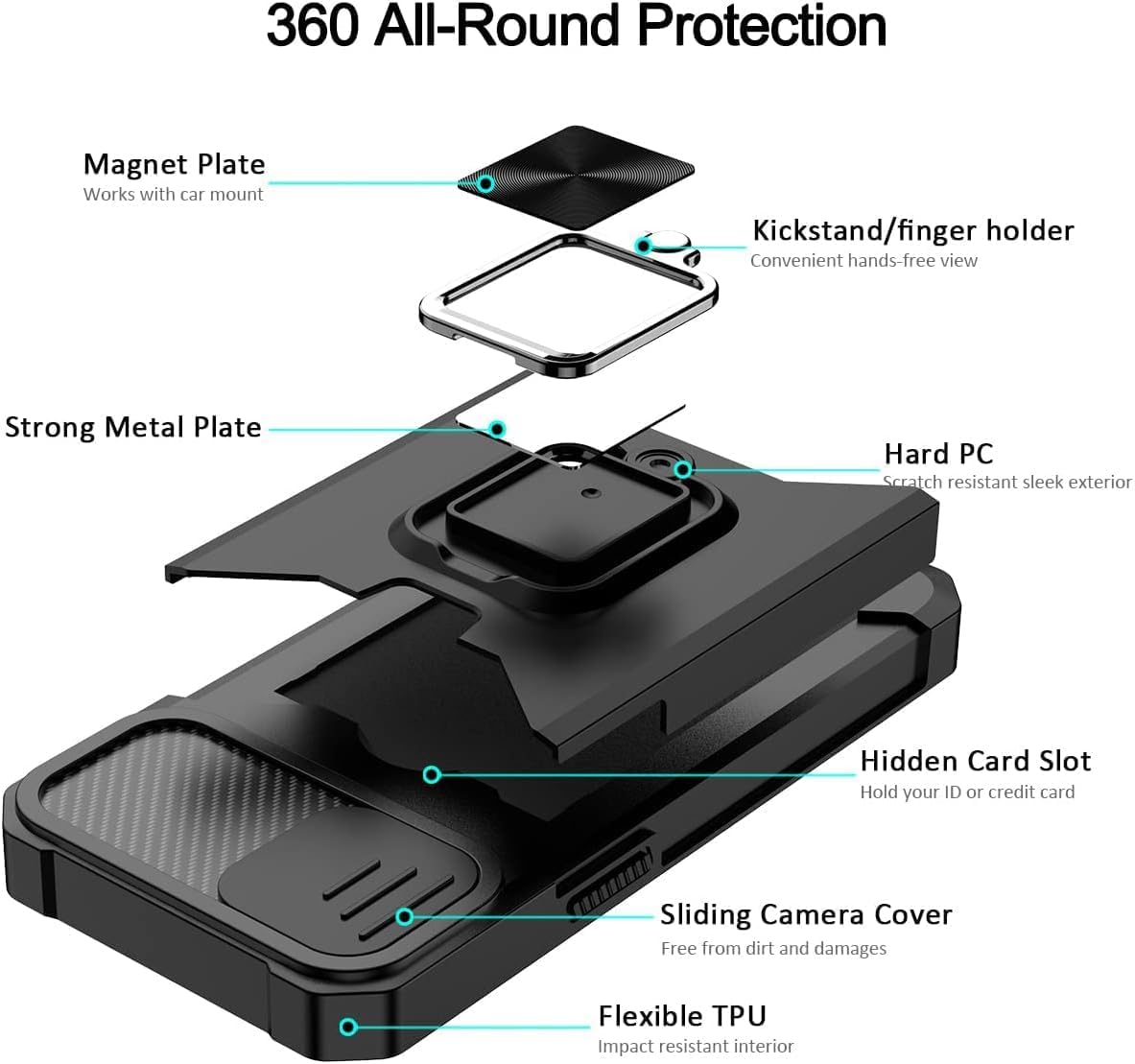 Case for Iphone 13 Pro Max Case 6.7'' with Stand, Credit Card Slot, Military Grade Shockproof Portective Case, Slide Camera Cover, Compatible with Magnetic Car Mount Holder (Purple) - Rose Gold image number 2