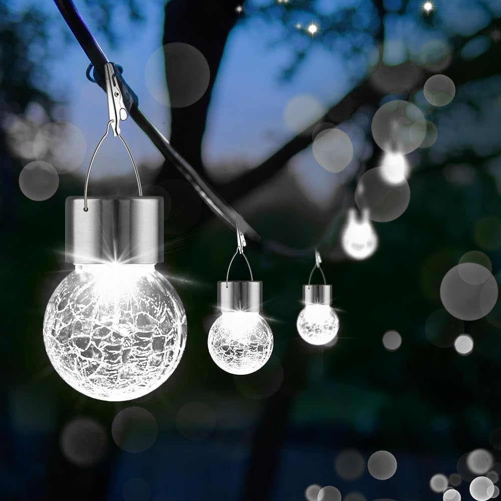 Solar Outdoor Lights Decorative 4 Pack, Hanging Solar Garden Lights Waterproof, Solar Powered Globe Cracked Glass Ball Lantern for Yard Patio Fence Tree Umbrella Holiday Decoration,(Cold White) - Cold White image number 5