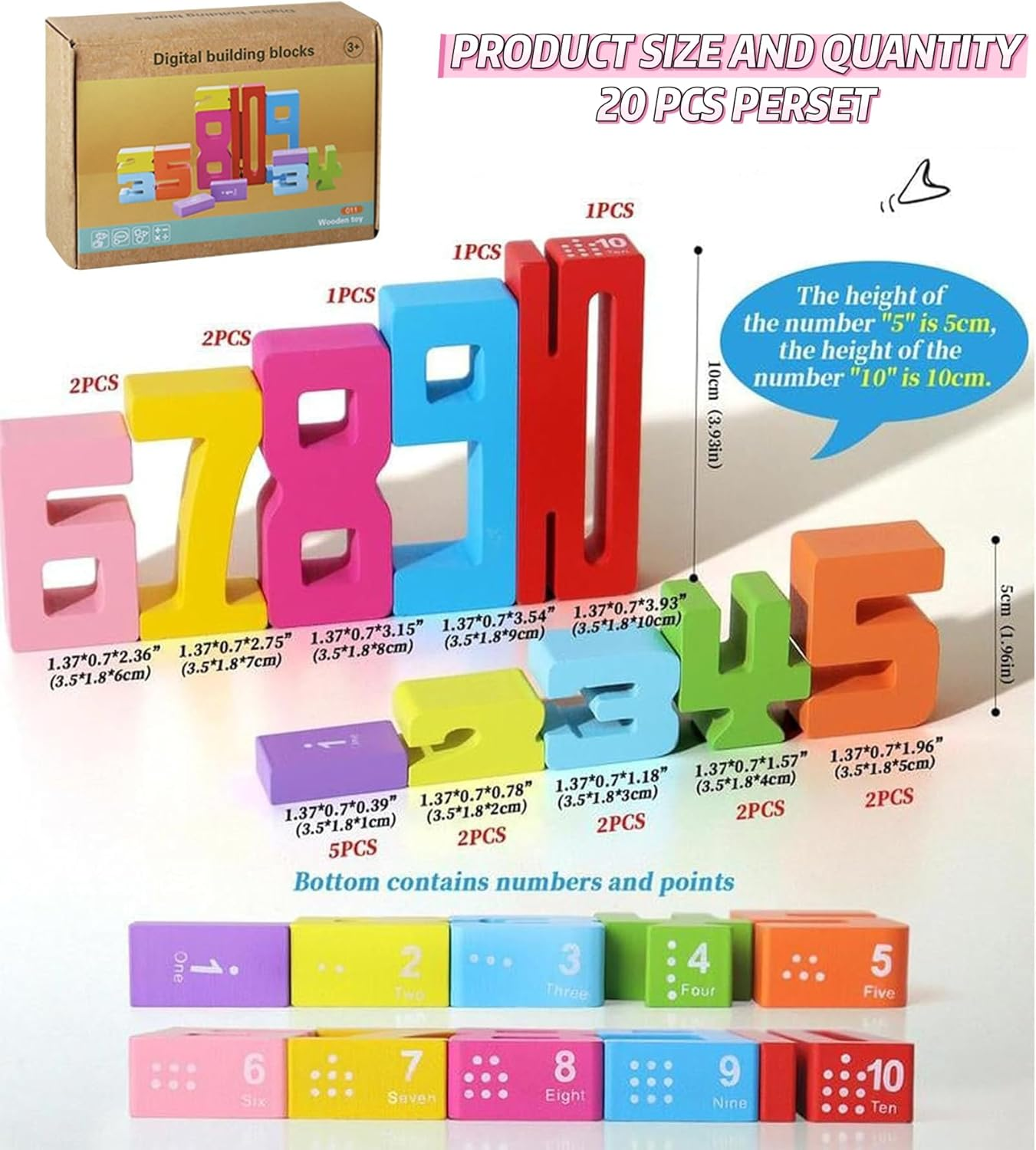 Wooden Number Building Blocks, Math-Inspired Wooden Number Building Blocks for 3+ Years Old Kids, Math Learning Toys for Kids Digital Educational Counting Toys (20Pcs) image number 1