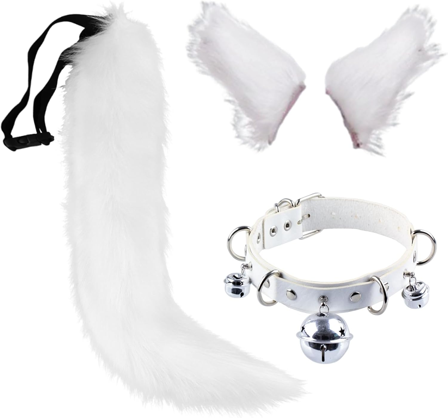 Handmade Cat Ears and Wolf Fox Animal Tail Cosplay Costume Faux Fur Hair Clip Headdress Halloween Leather Neck Chocker Set