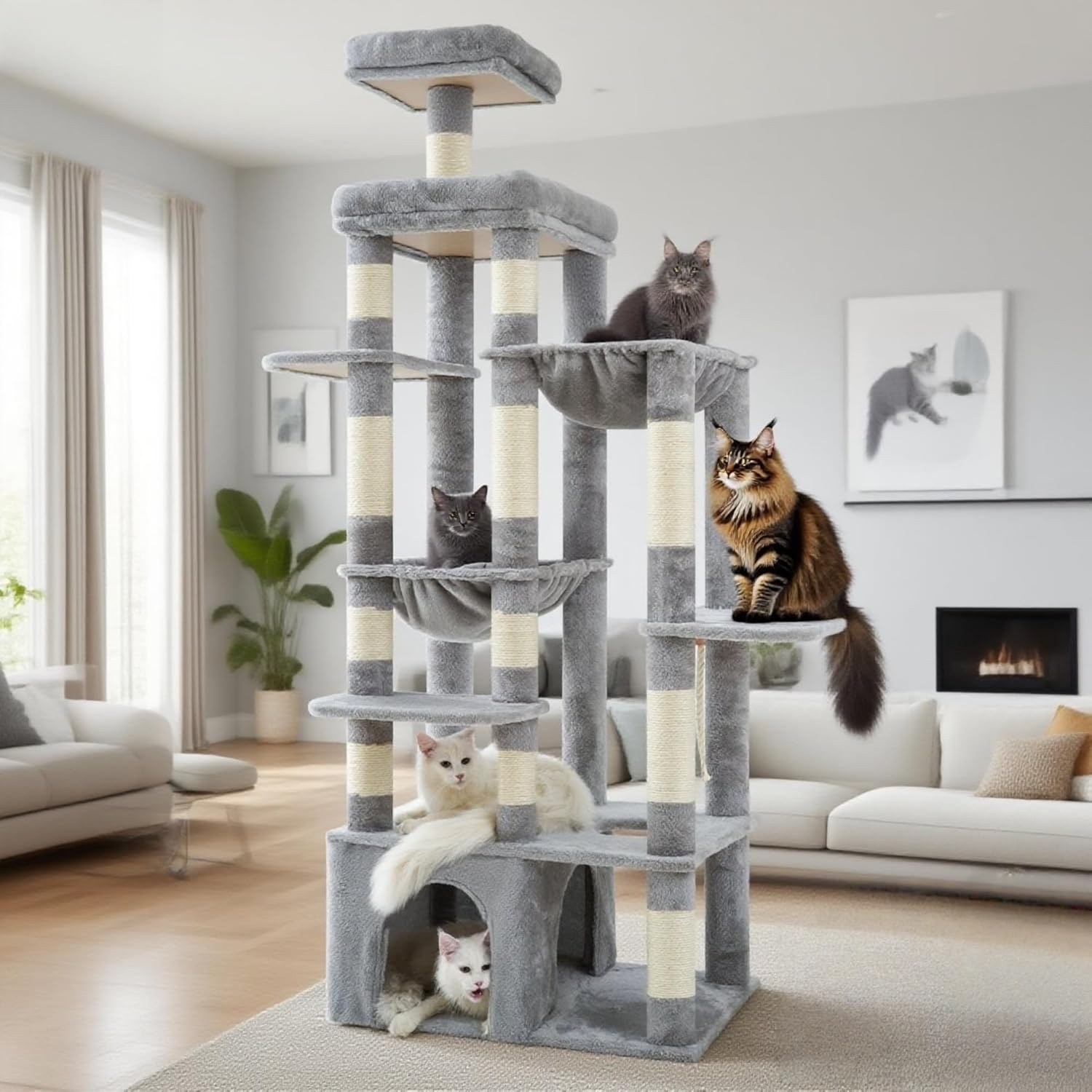 Heybly Cat Tree, 180Cm Tall Cat Tower for Large Maine Coon Cats with Extra-Large Baseboard, Cat Condo Furniture with Multi-Level Platforms, 2 Hammocks and 12 Scratching Posts, Light Gray HCT037W