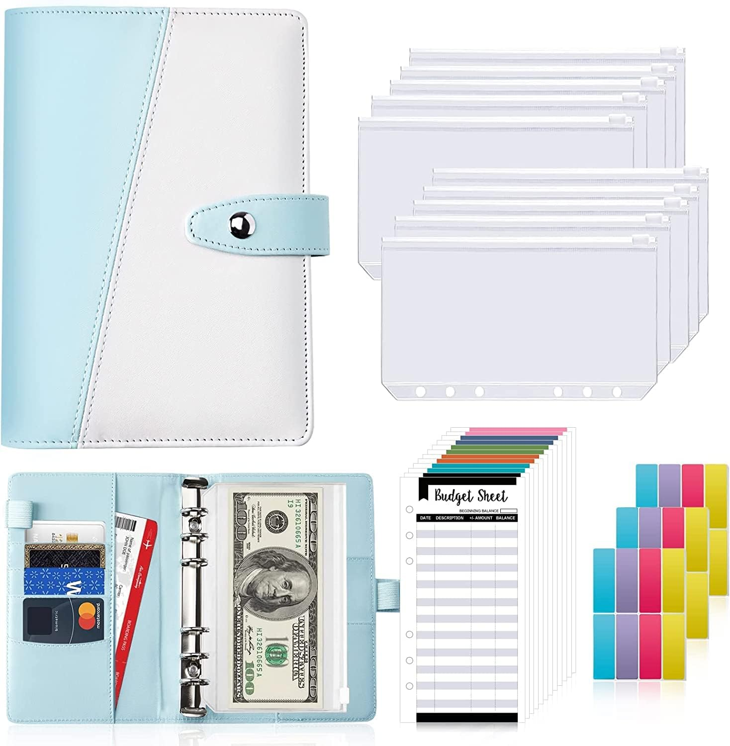 Budget Binder with Cash Envelopes for Budgeting, A6 Size, 12Pcs Budget Planner, Zipper Envelopes (Blue-White) image number 3