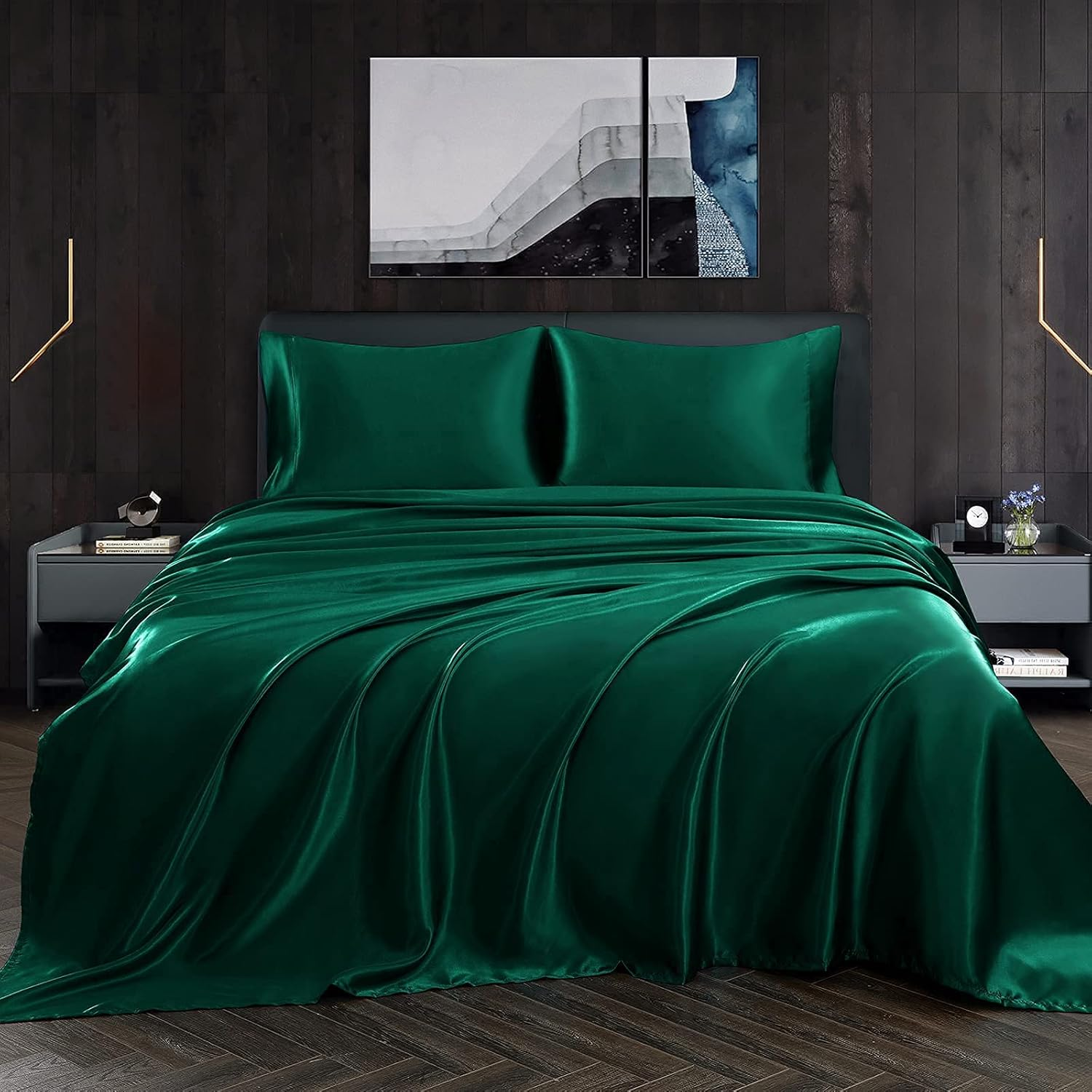 Homiest 4Pcs Satin Sheets Set Luxury Silky Satin Bedding Set with Deep Pocket, 1 Fitted Sheet + 1 Flat Sheet + 2 Pillowcases (Queen Size, Blackish Green)