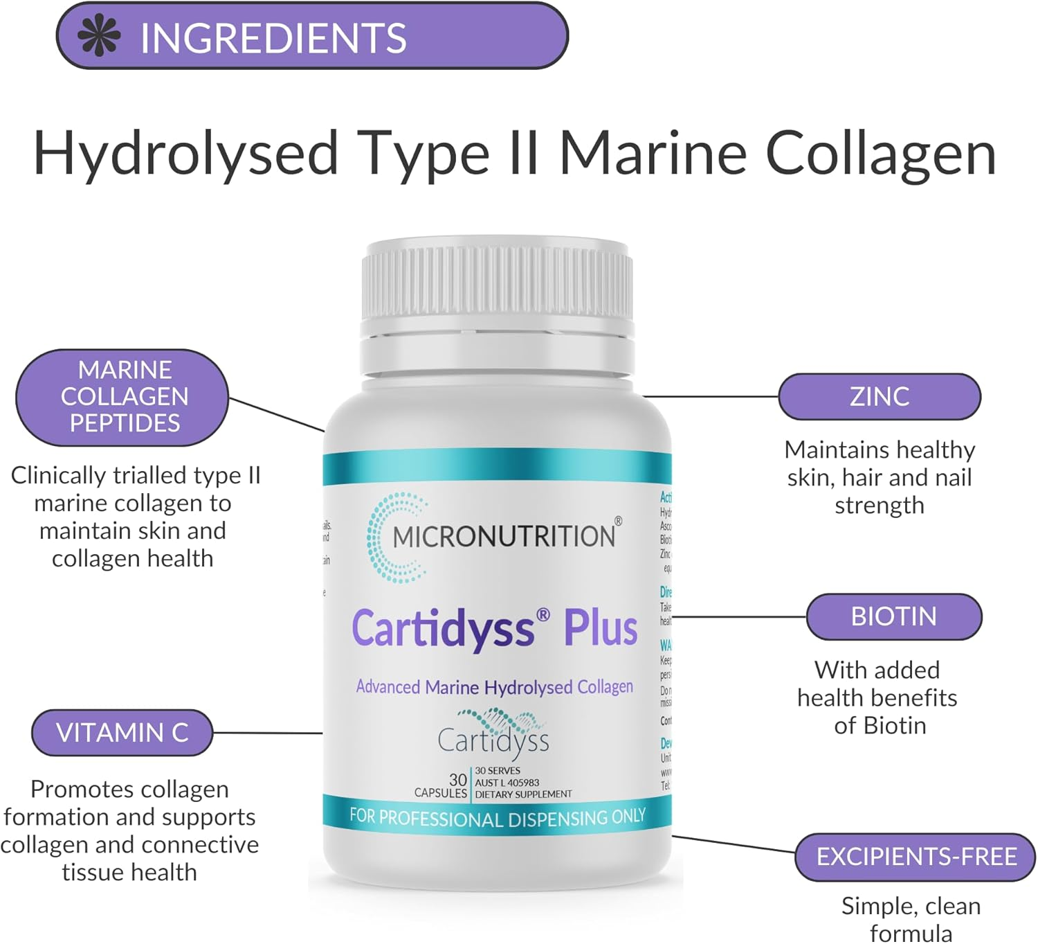MICRONUTRITION Marine Collagen Supplement Capsules (30 Day Supply, 500 Mg per Serving) Cartidyss plus Hydrolysed Collagen Type 2 with Biotin, Vitamin C, and Zinc - Hair, Skin, Nails & Joints image number 2