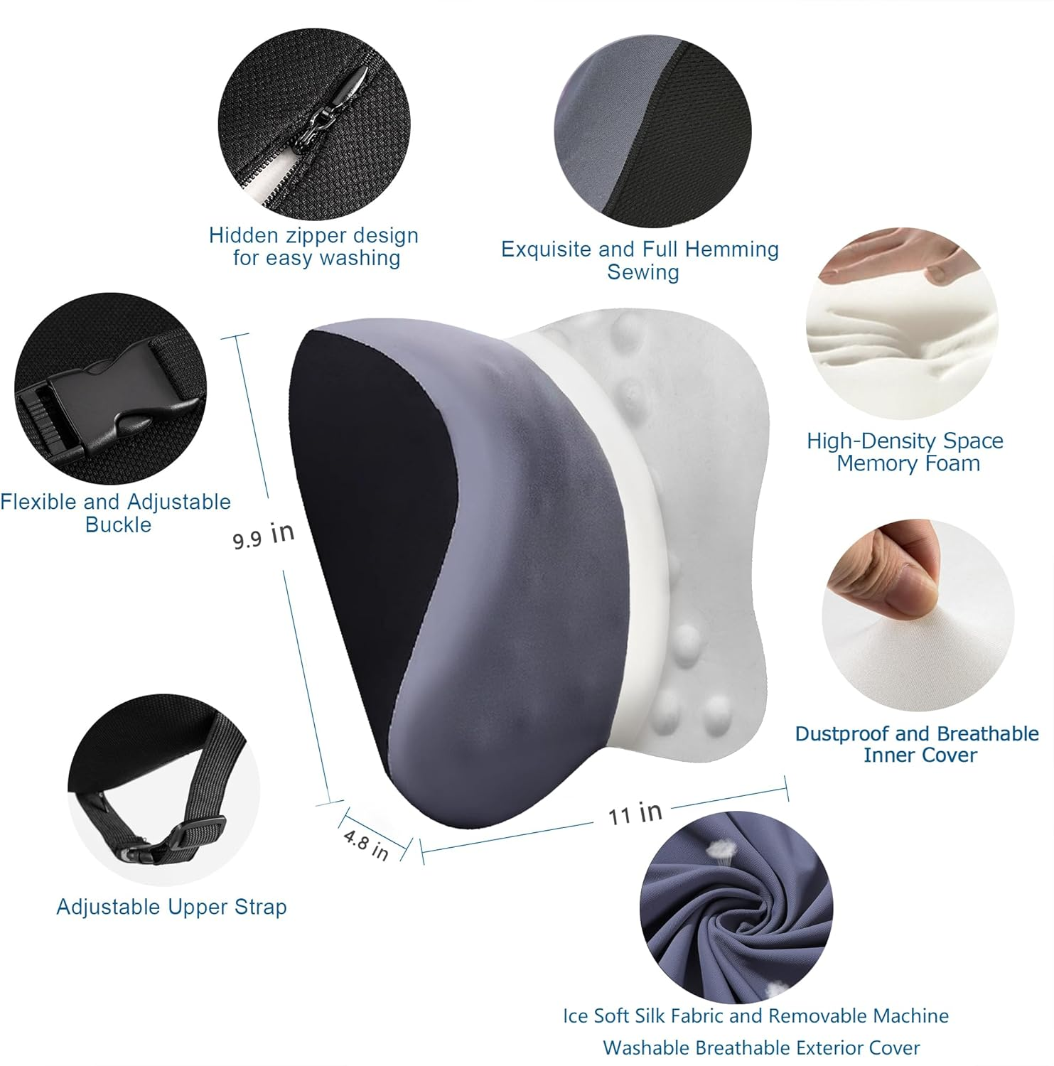 ANTETOKO Car Pillow for Neck Pain Relief and Cervical Support,Pure Memory Foam Car Neck Pillow for Car Seat with Adjustable Strap and Washable Cover,Car Headrest Pillow for Ergonomic Design (Grey) image number 3