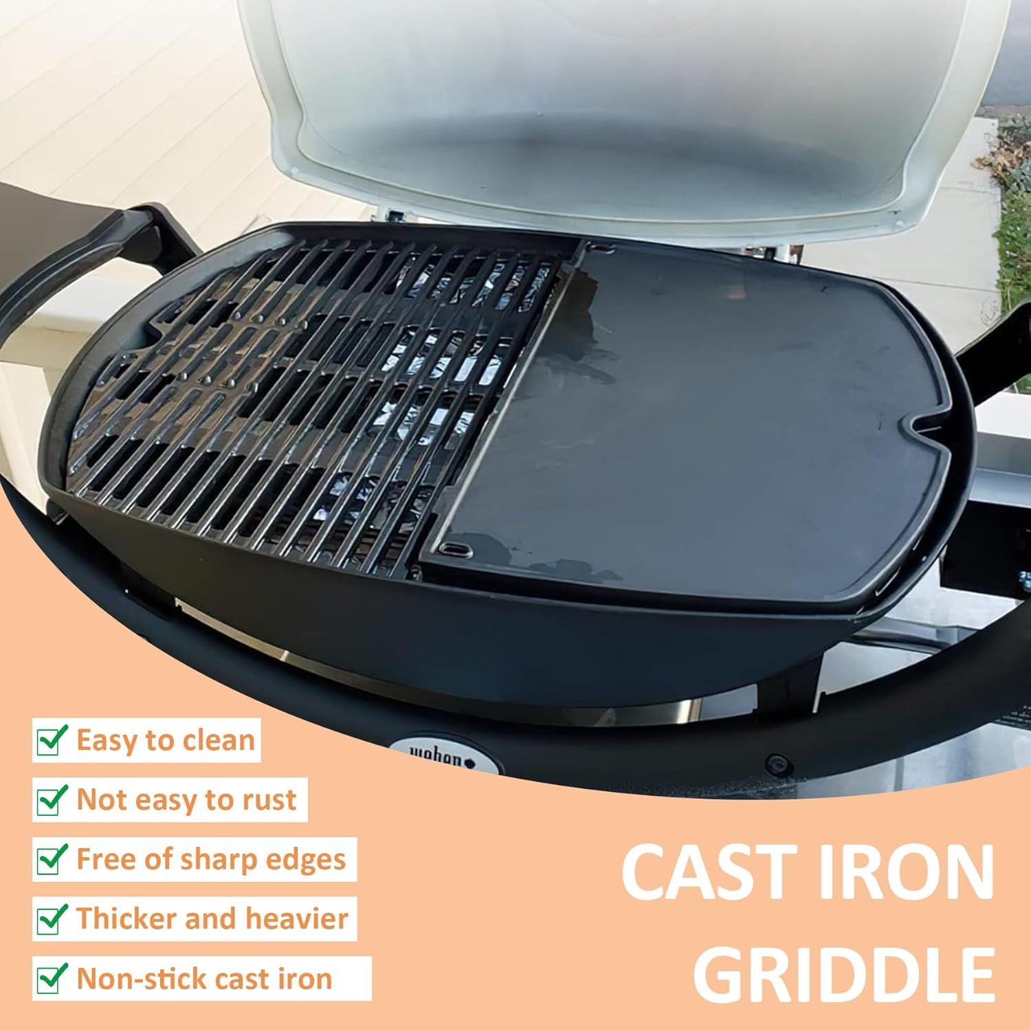 6559 Cast Iron Cooking Griddle for Weber Q200 Q220 Q240 Q260 Q2000 Q2200 Q2400 Series, for Weber Q2200 Gas Grills Accessories, Replaces for Weber Q Griddle Parts, 38.9Cm X 27.4Cm X 1.3Cm(W X D X H) image number 1