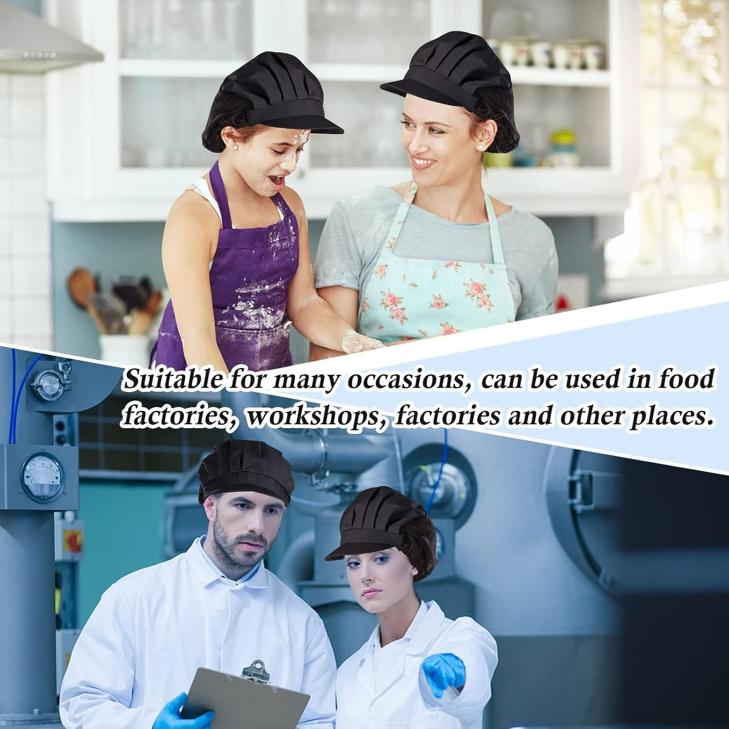 Hair Nets with Brim, 2PCS Elastic Chef Hats for Women & Men, Kitchen Hairnets for Food Service, Adjustable Black image number 5