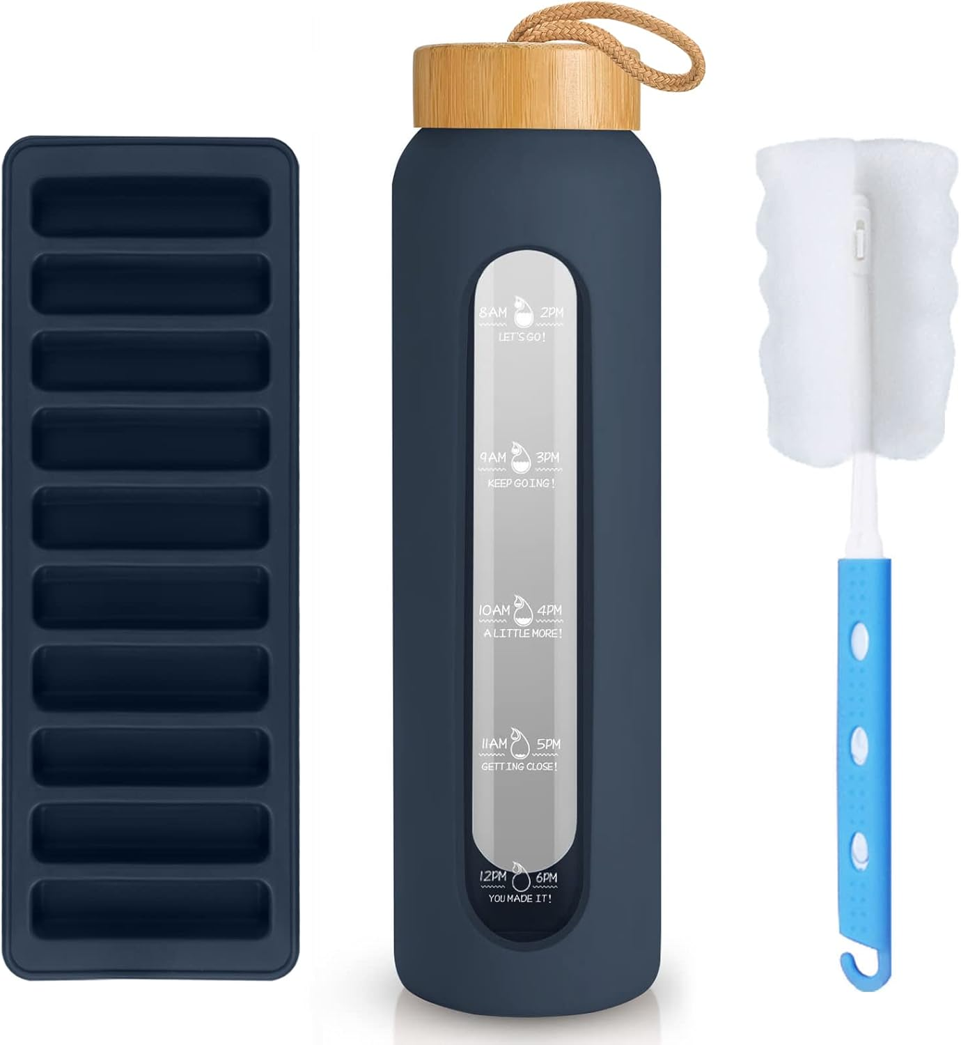 Sursip 32 Oz Glass Water Bottle with Time Marker,1 Liter Bpa-Free Reusable Motivational Water Bottle with Non-Slip Silicone Sleeve and Bamboo Lid, Ice Cube Tray, Leak-Proof, Dishwasher Safe image number 4