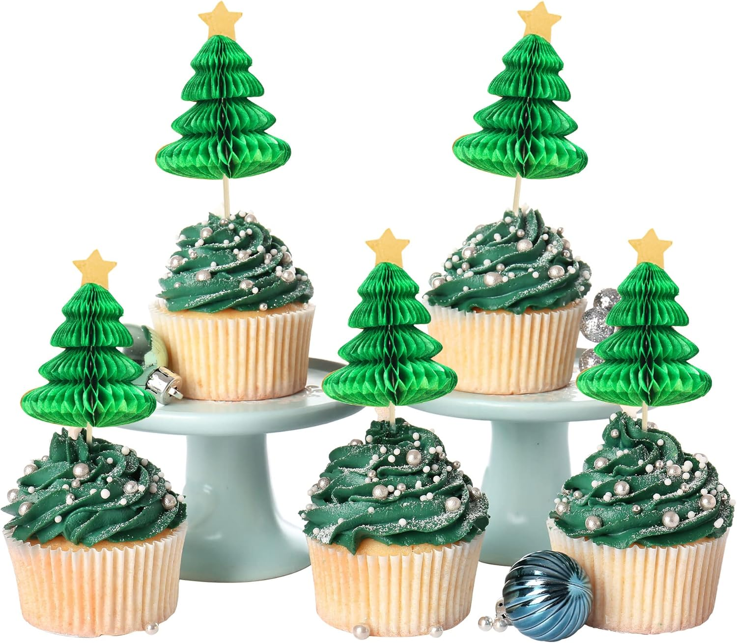 Gyufise 24Pcs Christmas Tree Cupcake Toppers Green 3D Christmas Tree Cupcake Picks for Merry Christmas Theme New Year Holiday Baby Shower Kids Birthday Party Cake Decorations Supplies image number 2