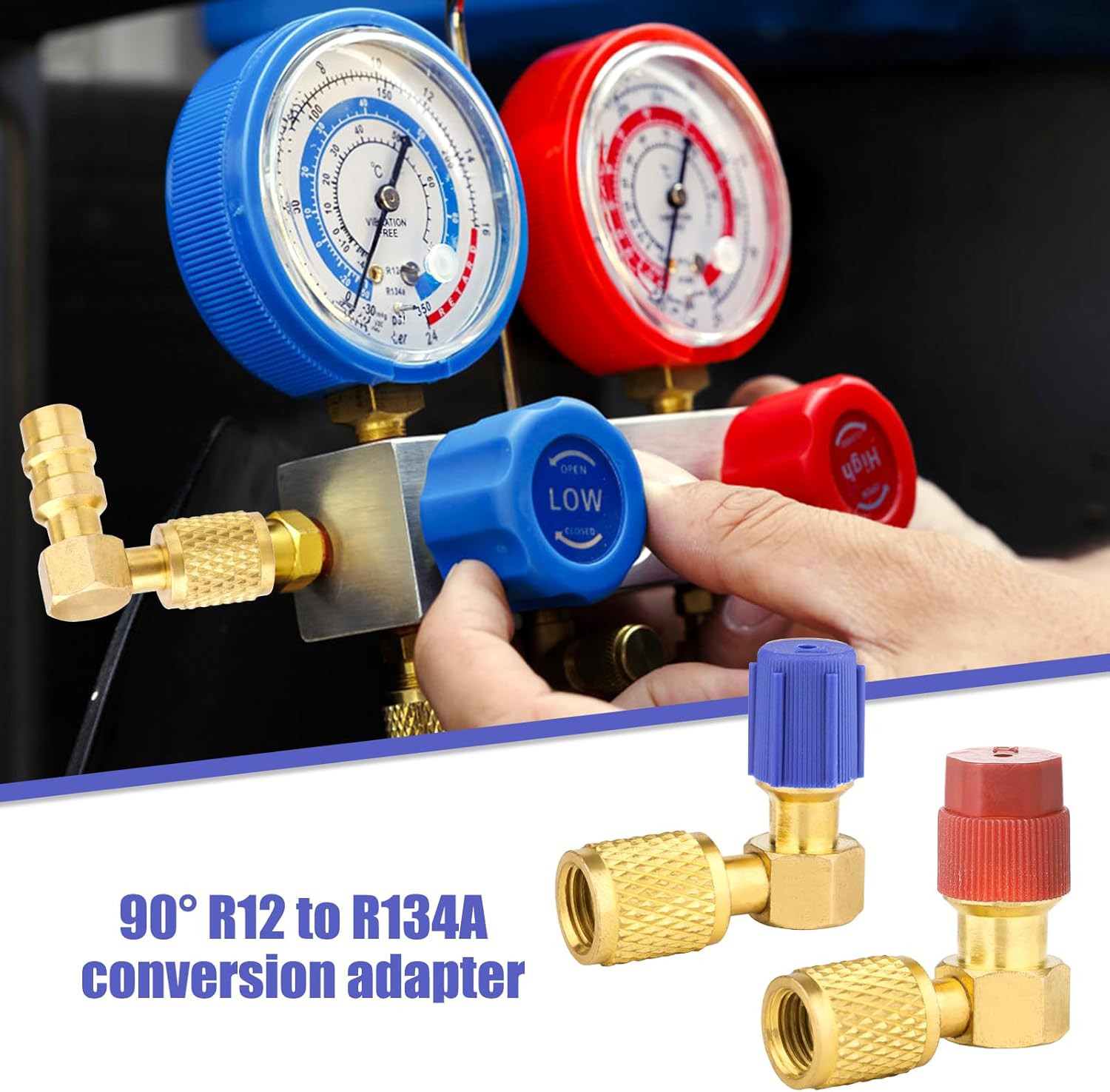 R12 to R134A AC Fitting Conversion Adapter Kit, Quick Connector Valve A/C 90&deg; Port Conversion Adapter High/Low Pressure with Valve Core Remover for AC Air Conditioner (Gold Straight Adapter) image number 3