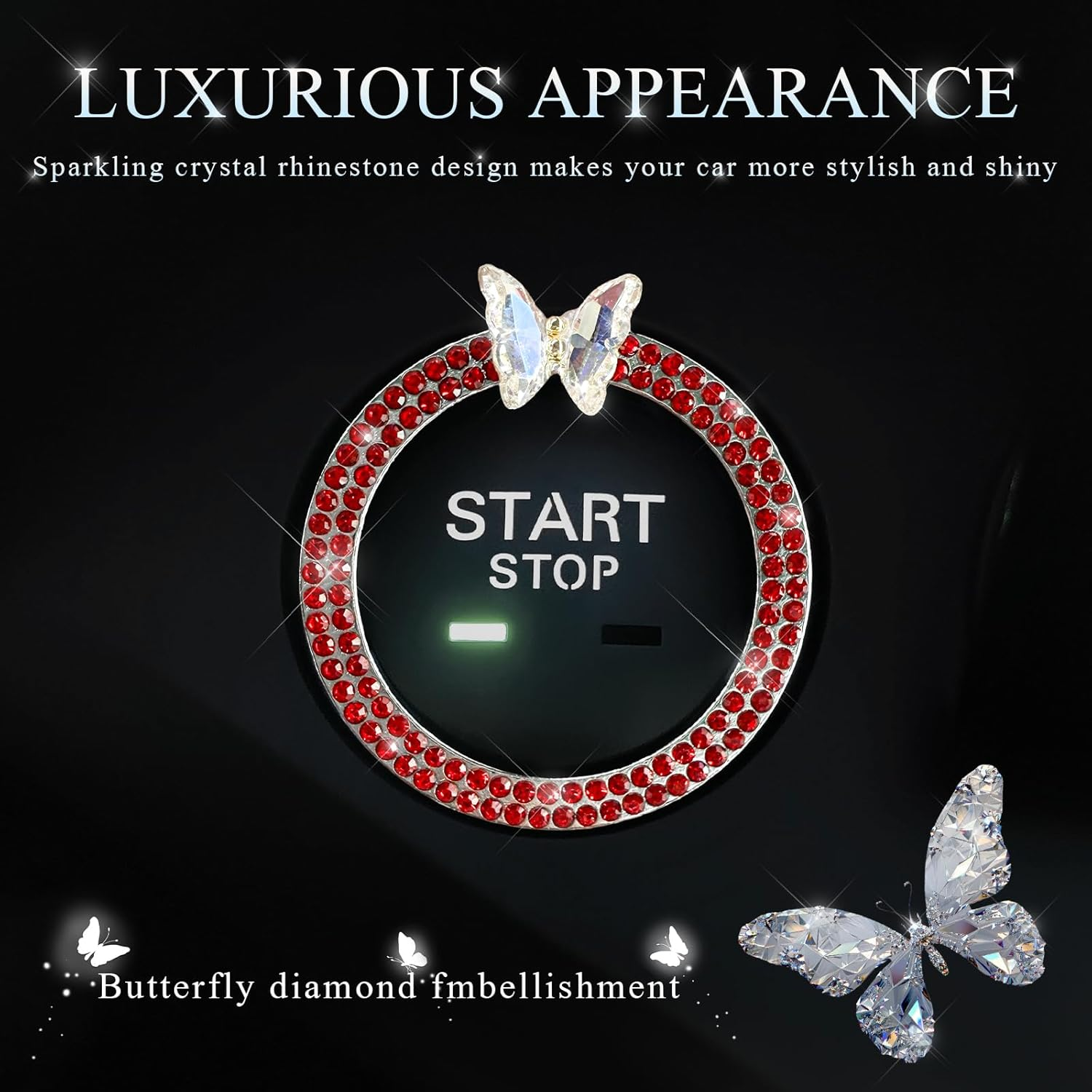 Bling Ring Emblem Car Accessories, Sparkling Butterfly Car Buttons and Knobs Ring, Girly Butterfly Diamond Car Engine Start Button Cover, Key Ignition Knob Ring Decoration for Women (Red) - Ab image number 6