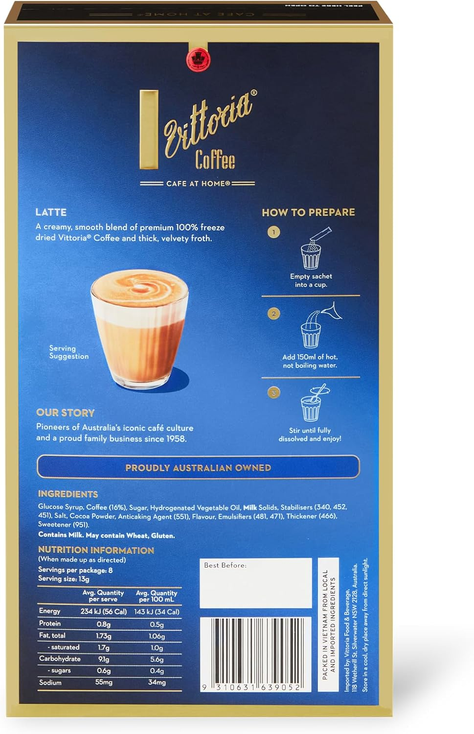 Vittoria Coffee Latte Instant Coffee Sachets - 100% Freeze Dried Premium Coffee. Creamy, Smooth Blend. Ready to Mix, Just Add Hot Water. 8 Serves image number 1