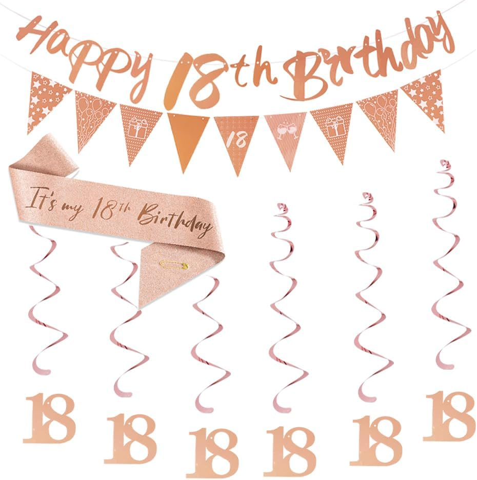 Happy 16Th Birthday Party Supplies for Women Girls,Rose Gold Happy 16Th Birthday Banner Bunting,Triangle Banner Flag Sash Hanging Swirls Streamers for Women Birthday Party Decoration (16Th) image number 4