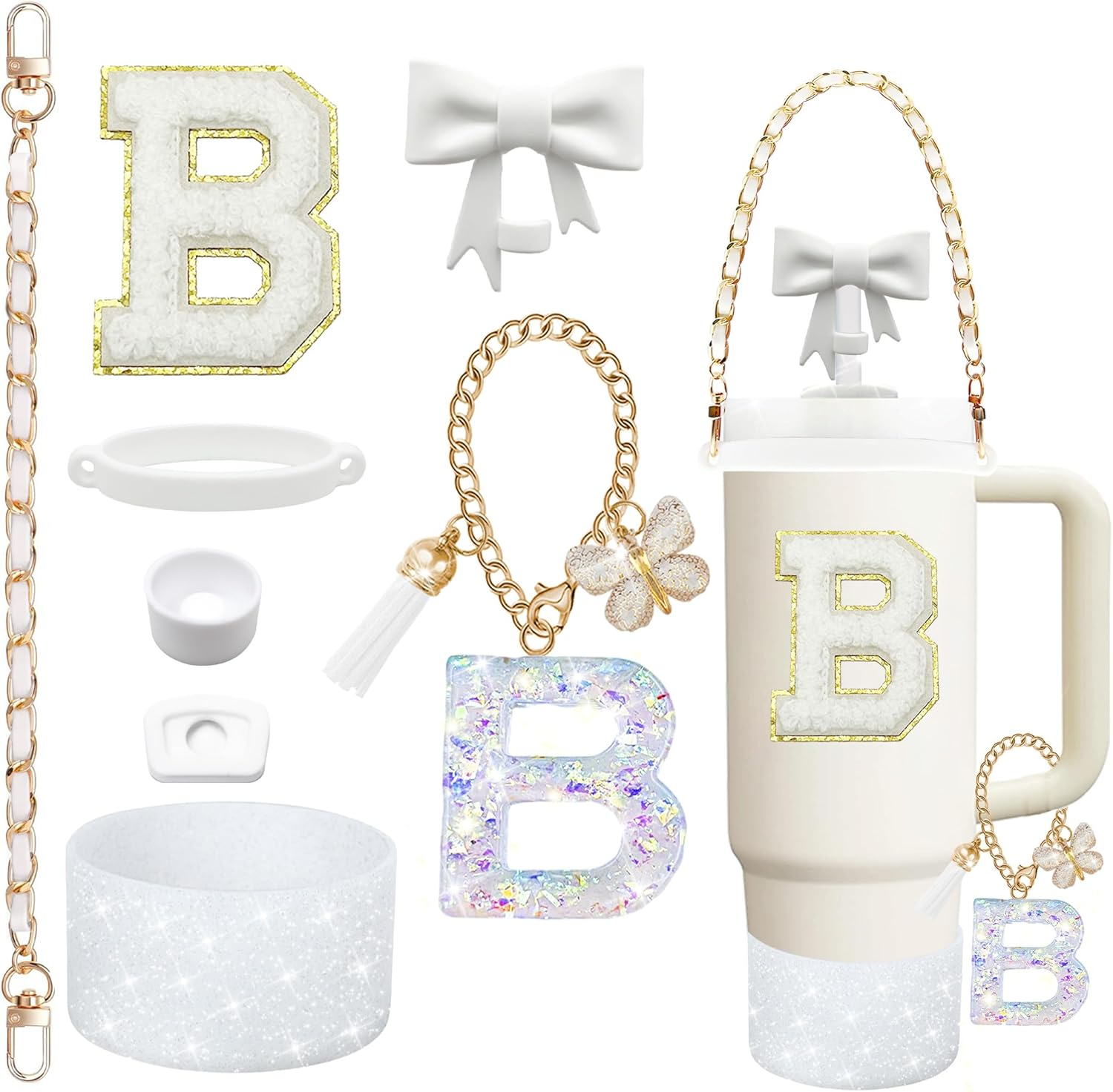 8PCS Stanley Cup Accessories Set for Stanley Cup 30Oz 40Oz Tumbler with Handle,Including Straw Topper Cover Cap and Boot,Spill Proof Stopper,Handle Charm,Initials Sticker (White M)