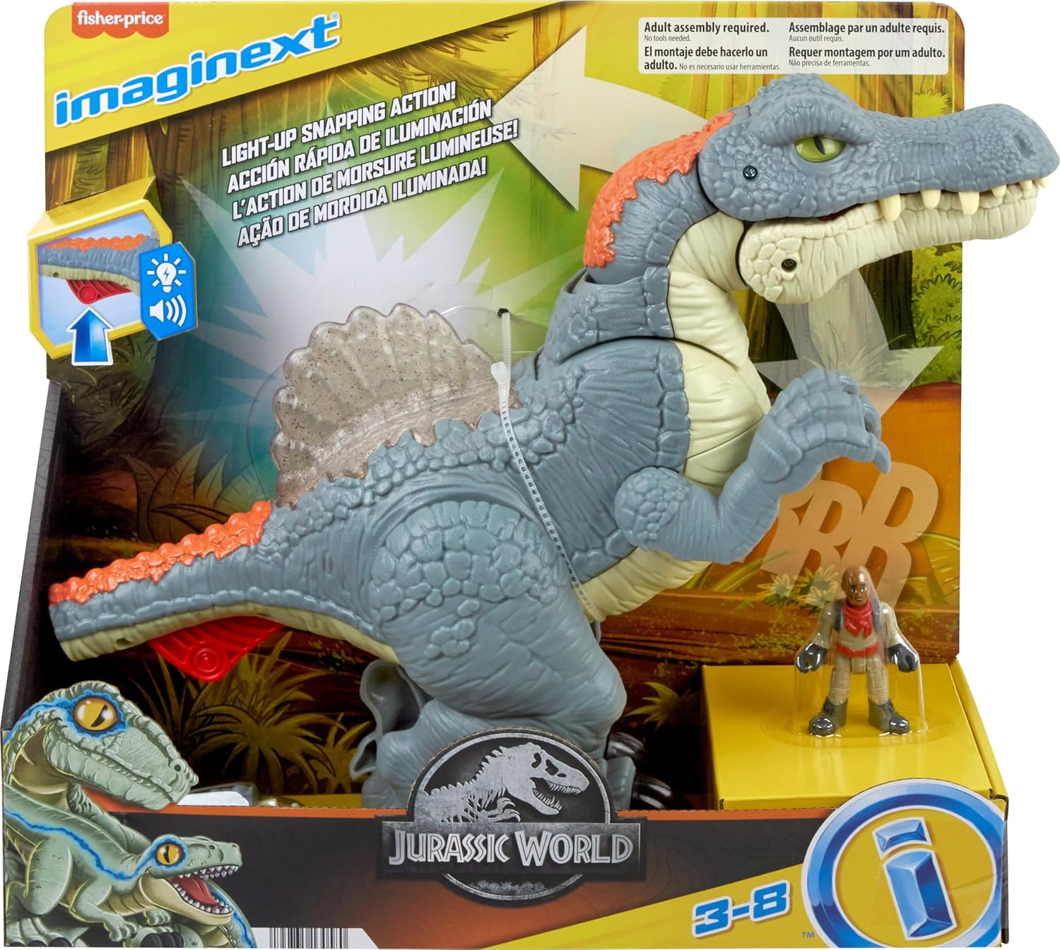 Imaginext Fisher-Price Imaginext Jurassic World Dinosaur Toy Ultra Snap Spinosaurus with Lights Sounds & Chomping Action plus Figure for Ages 3+ Years