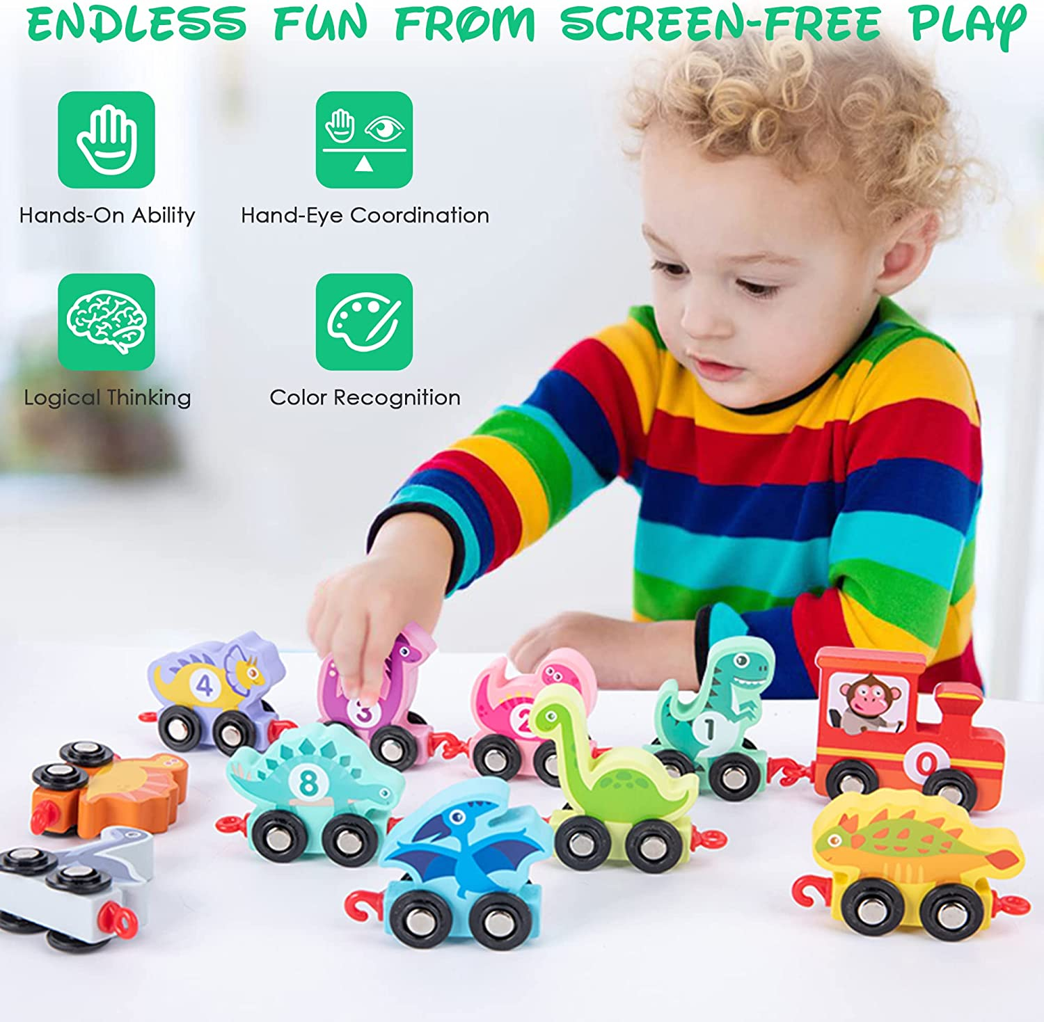 Dinosaur Toys for Toddlers Age 2-4, Wooden Dinosaur Train Set with Playmat/Storage Bag, Montessori Educational Toys for 2+ Years Old Boys & Girls image number 1