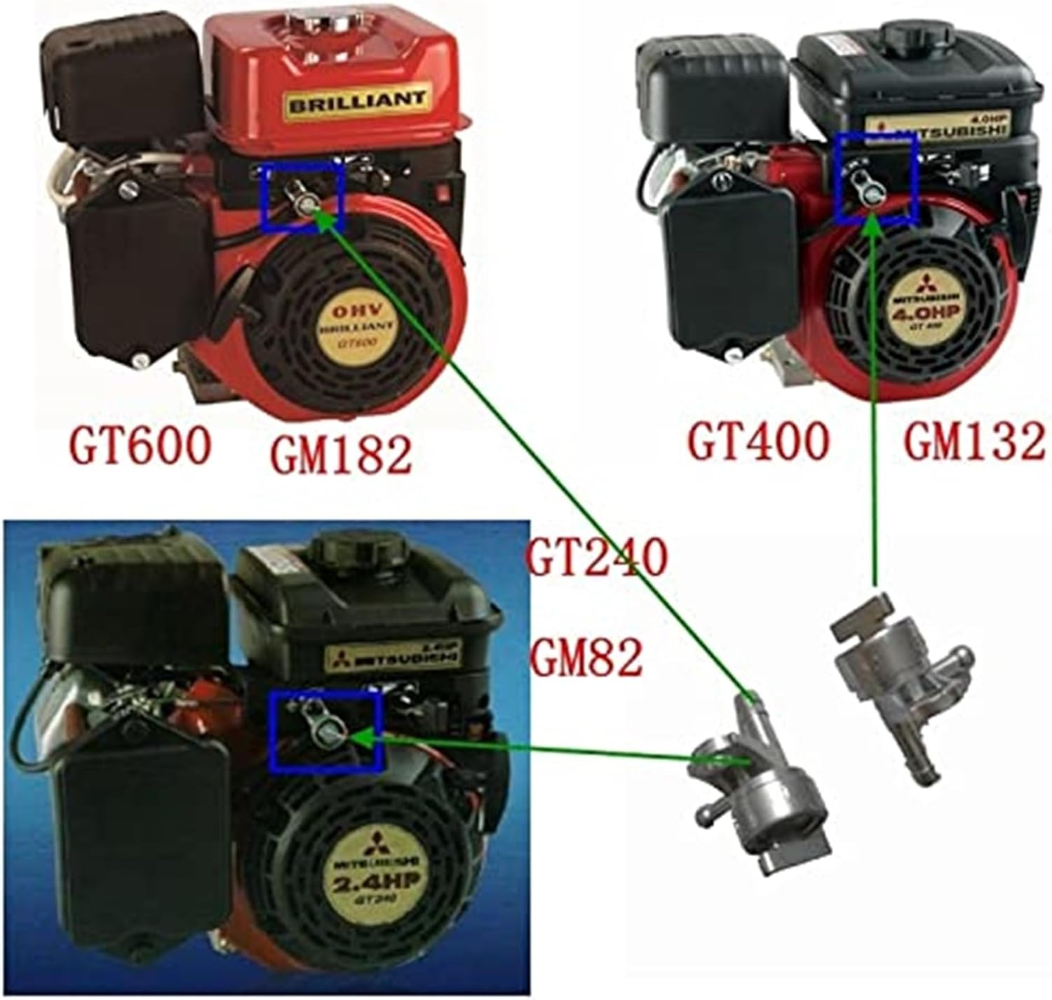 HUVNEXA GT600 GT241 GT241P GT400 GM82 GM132 GM182 A240EB 2.4HP Switch Fuel Tap Fuel Cock, for Mitsubishi, Gasoline Engine Parts Fuel Tank Cap