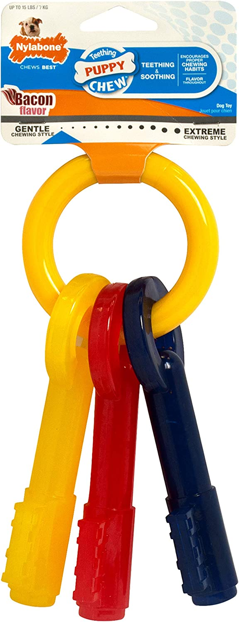 Nylabone N219P Puppy Chew Bacon Alternative Keys Dog Toy, Yellow/Red/Dark Blue, Extra Small image number 6