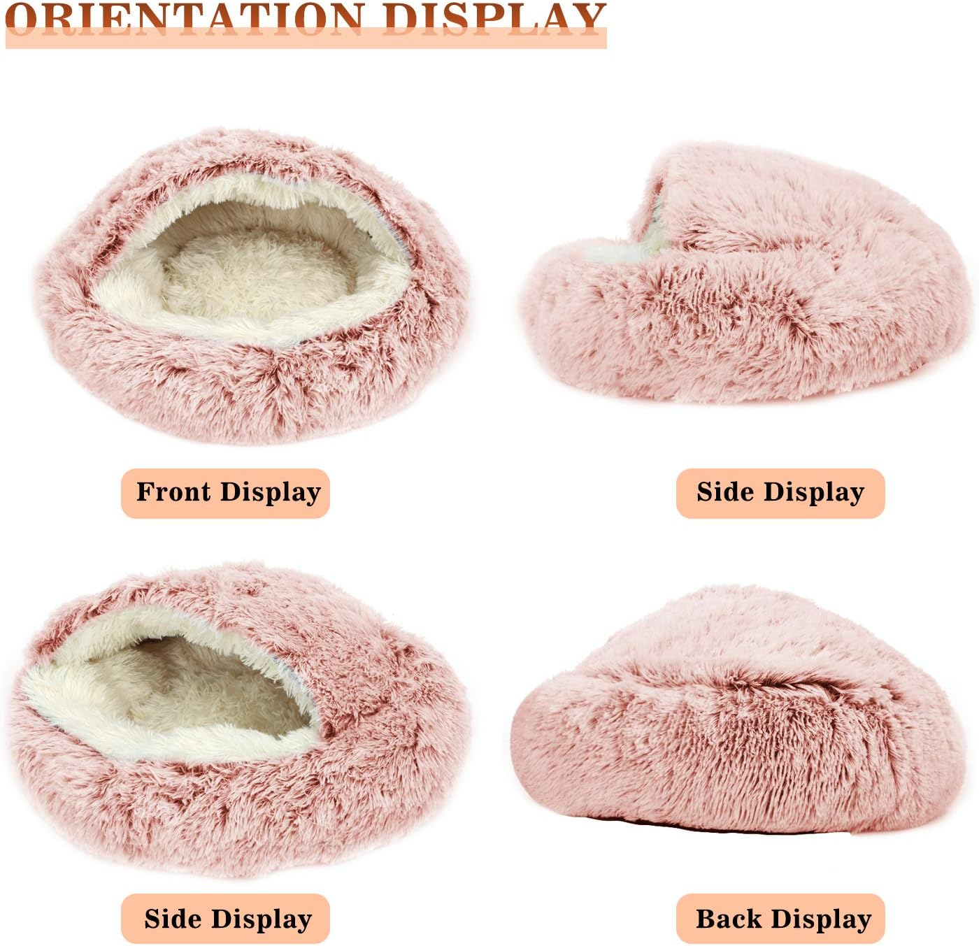 KWEWIK Cat Bed round Soft Plush Burrowing Cave Hooded Cat Bed Donut for Dogs & Cats, Faux Fur Cuddler round Comfortable Self Warming Pet Bed, Machine Washable, Waterproof Bottom, Small, Pink