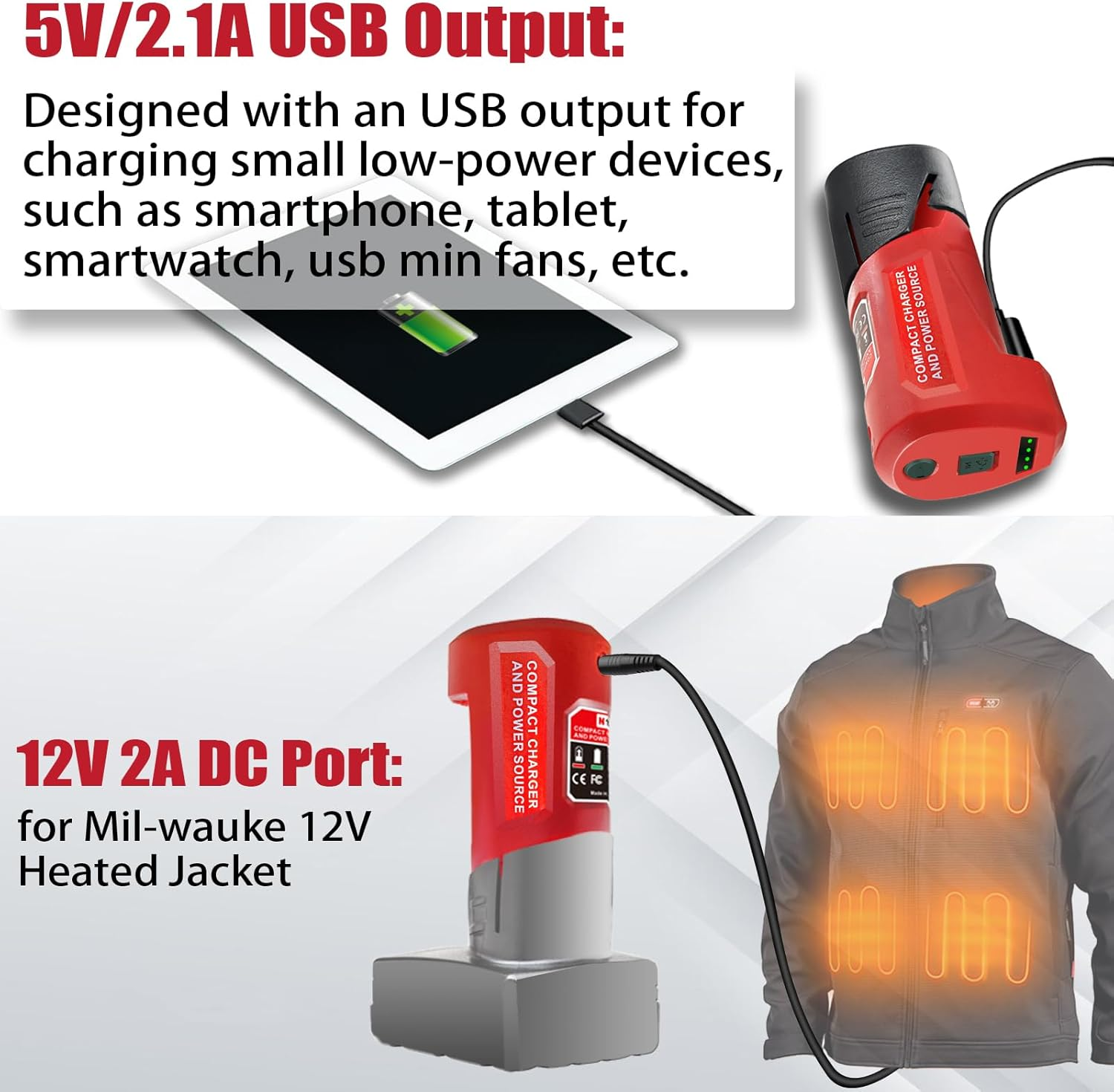 EID M12 USB Adapter Power Source for Milwaukee M12 12V Batteries, 10.8V/12V Heated Jacket Power Source, Li-Ion Battery Adapter, 5V/2.1A USB & 12V/3A DC Output image number 3