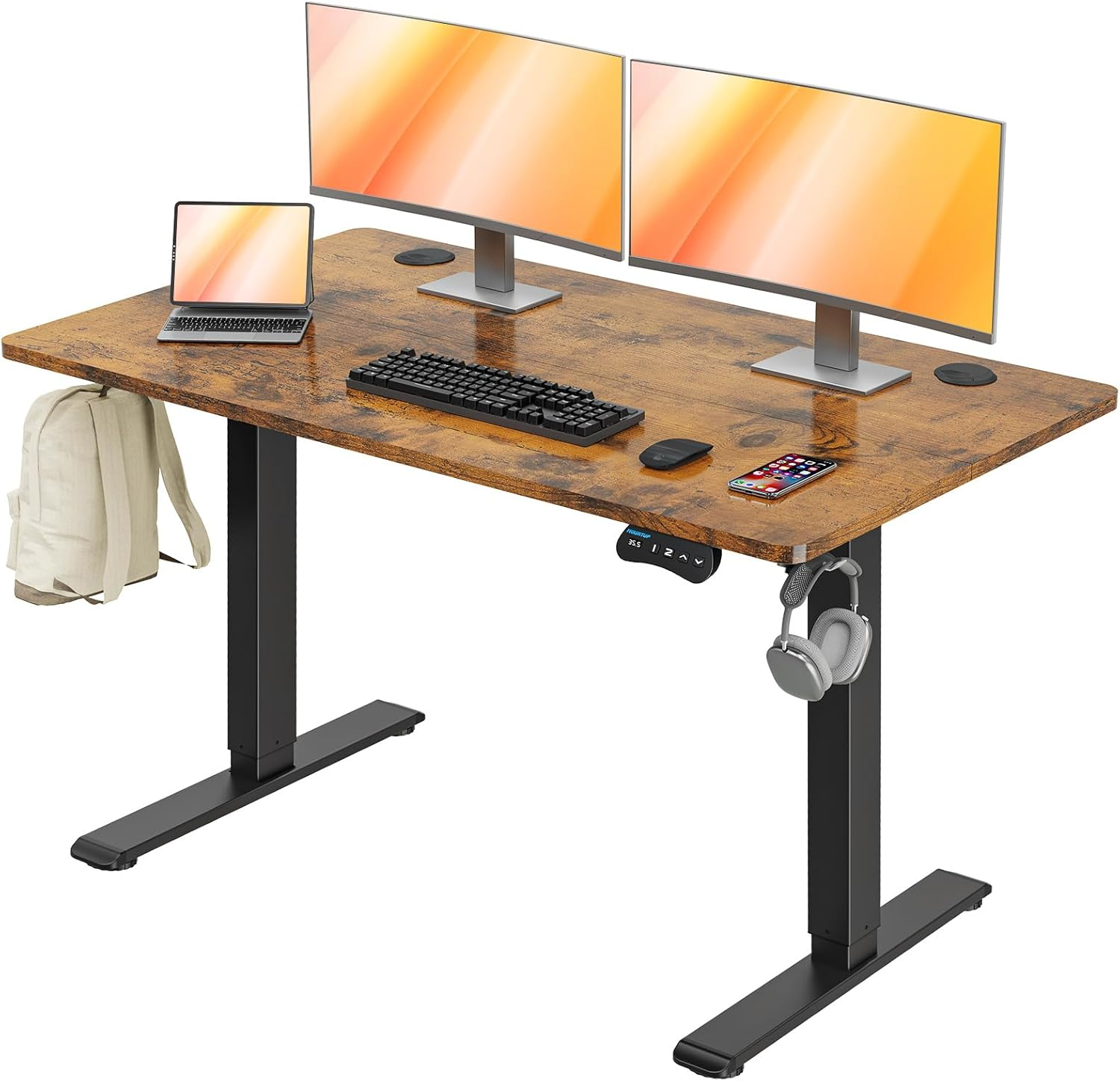MOUNTUP Electric Standing Desk 120X60Cm (48X24) Height Adjustable, Sit Stand Desk with Memory Controller, Ergonomic Stand up Desk for Home Office with Splice Board, Rustic Brown