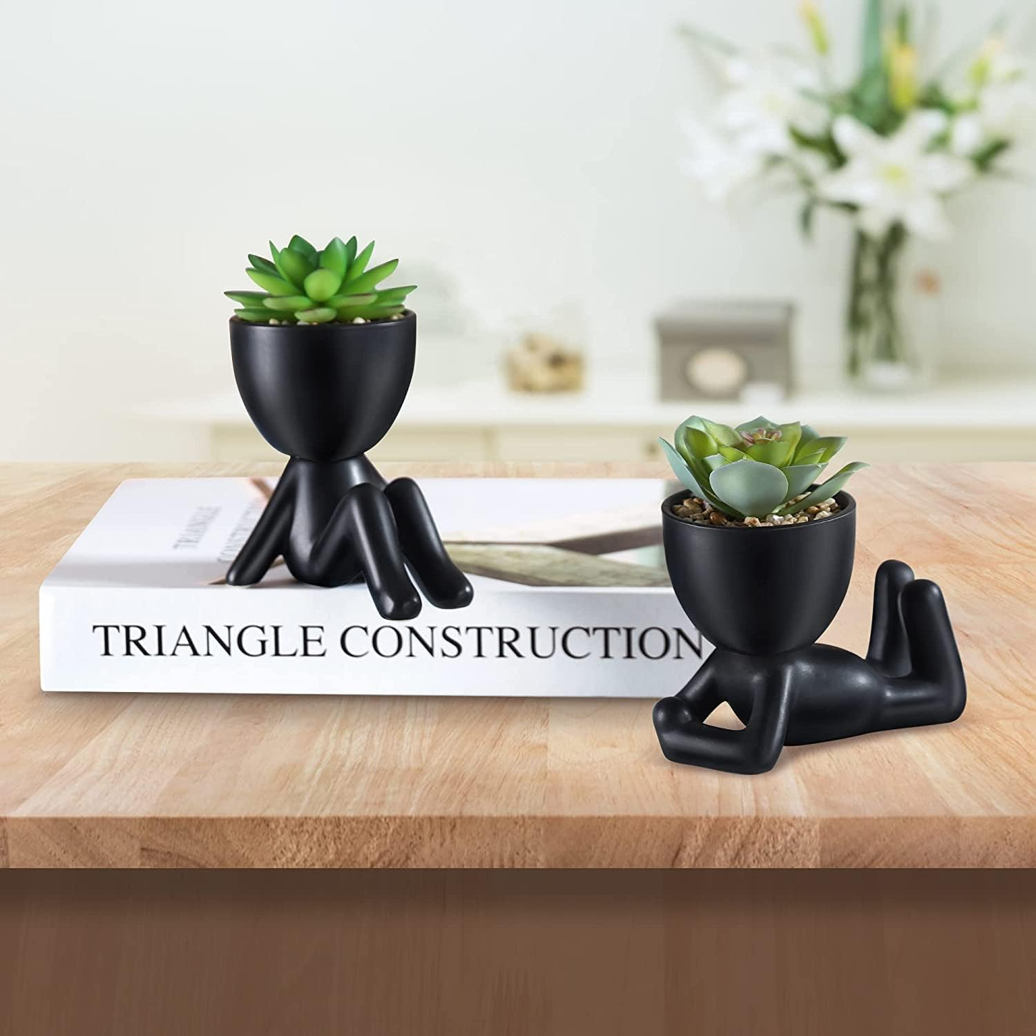 Fake Succulent, Mini Succulents Plants Artificial in Black Modern Human Shaped Ceramic Pots Cute Desk Decor Desk Plant for Office Decor, Cute Fake Plants Bathroom Decor 2PCS image number 3