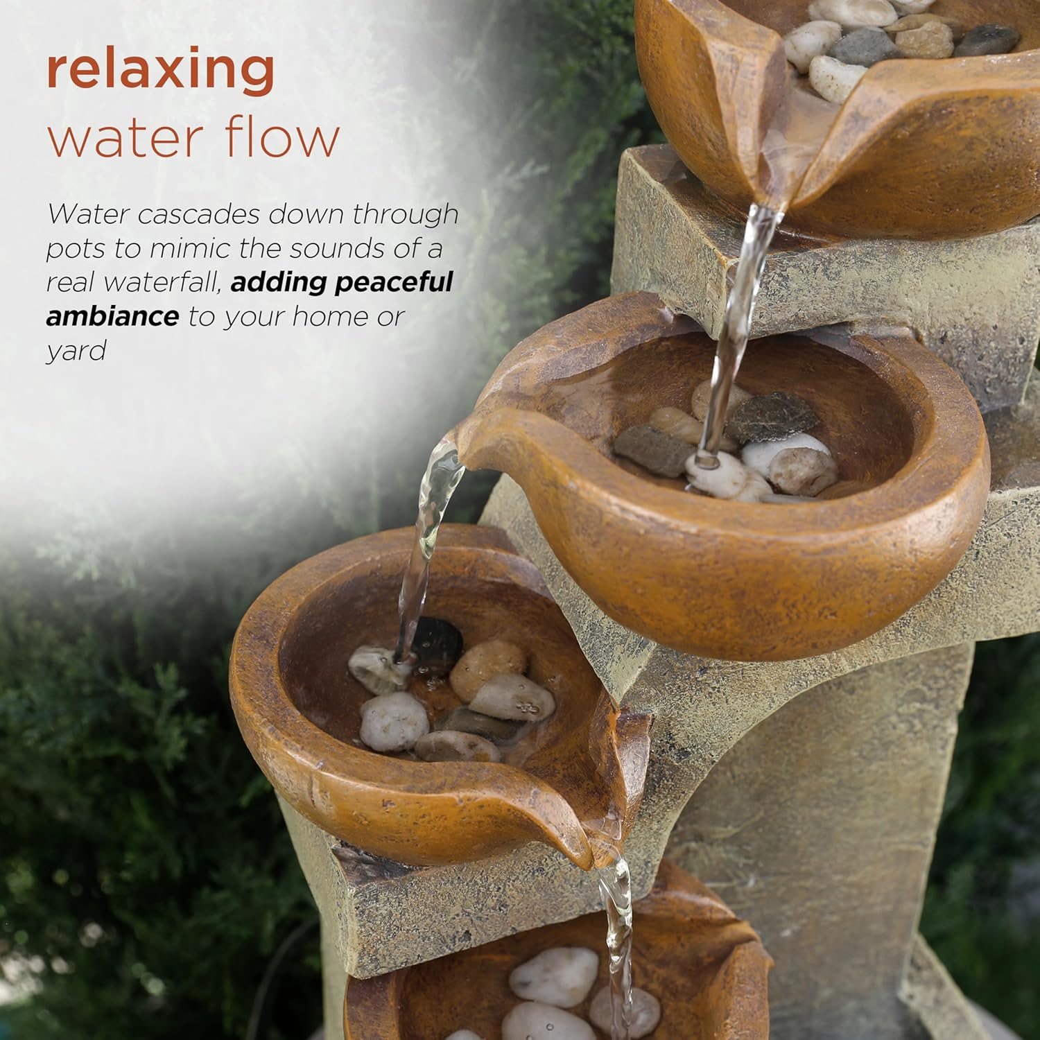 Alpine Corporation WCT726 Indoor/Outdoor Tabletop Tiered Pouring Pots Waterfall Fountain with Natural Stone Look, 16", Brown image number 1