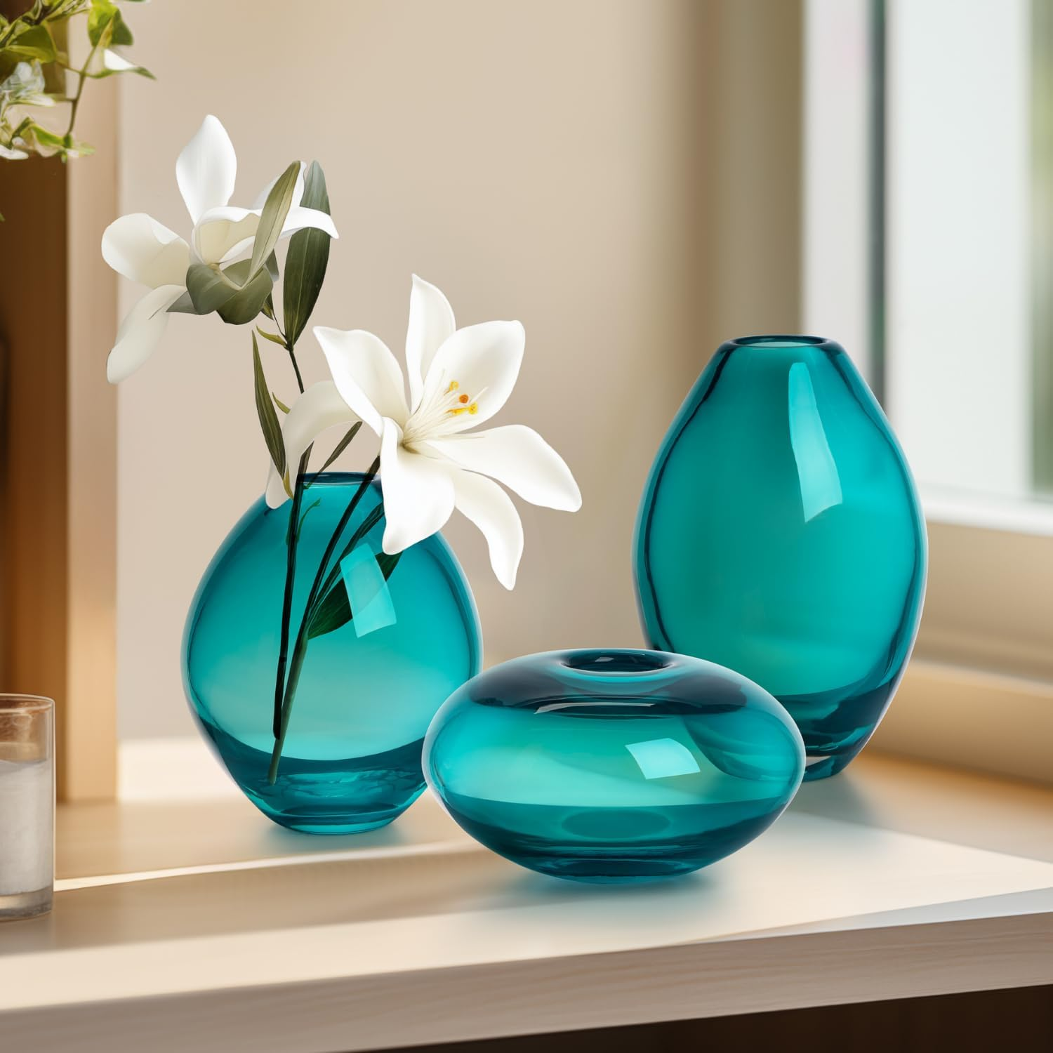 Torre & Tagus Mini Glass Vases | Art Glass Bud Vase Set of 3 Small Flower Vases for Home Decor, Dark Teal Vase for Table Decor, Handblown Clear Glass Vases for Flowers, Handmade Glass Teal Decor - Turquoise image number 2