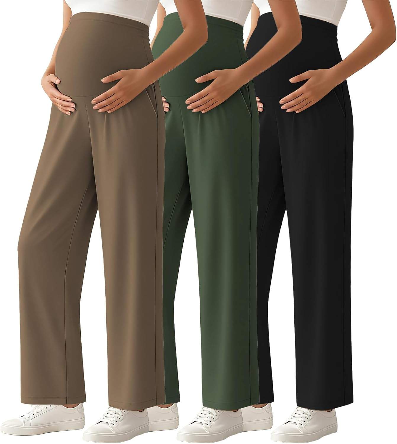 Ecavus 3-Pack Women'S Maternity Pants over Belly Soft Lounge Palazzo Pants Stretch Wide Leg Pregnancy Trousers with Pockets