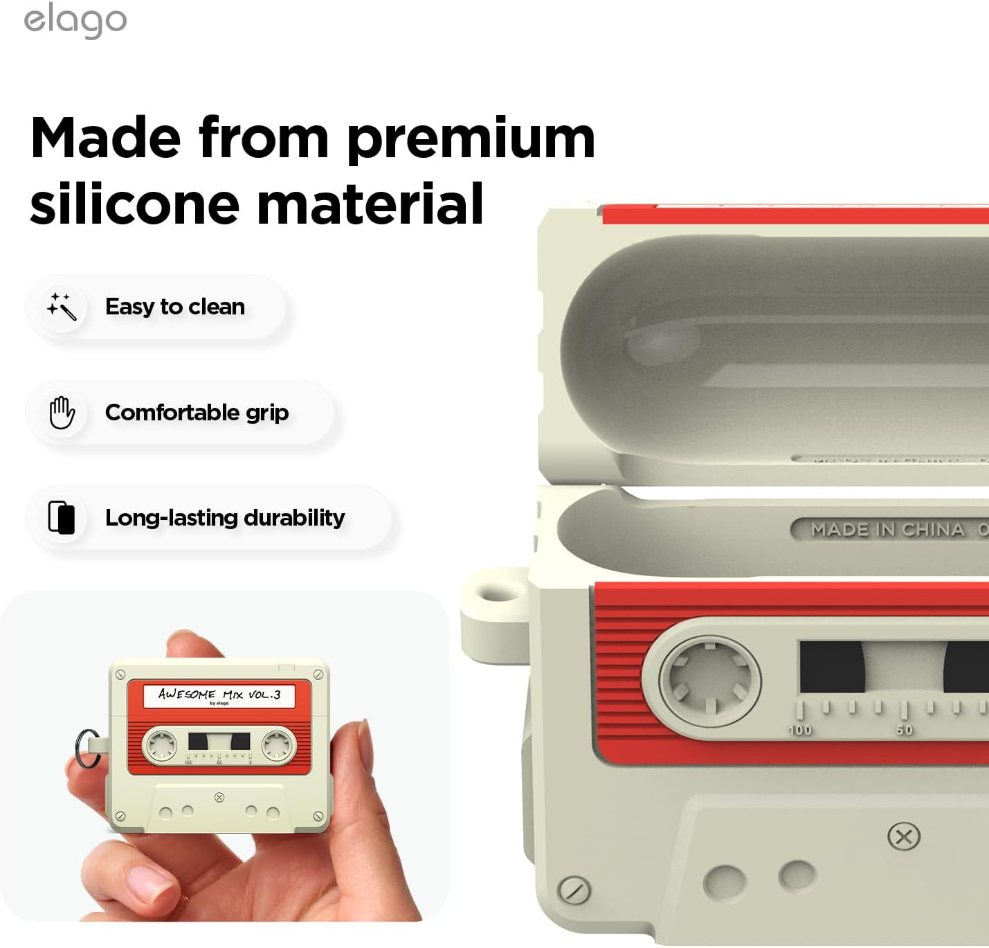 Elago Cassette Tape Case Compatible with Airpods Pro 3 Cover - Carabiner Included, Supports Wireless Charging, Shock Resistant, Full Protection, Headphone Accessories (Classic White) image number 4