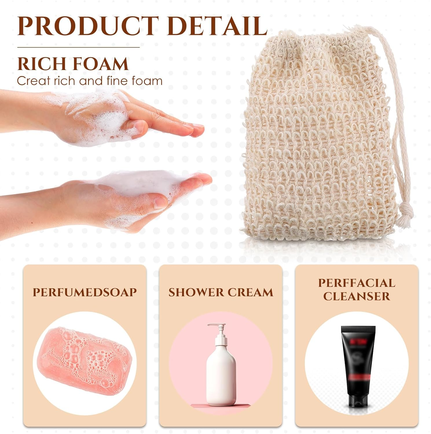 Rtteri 240 Pcs Soap Exfoliating Bag, Natural Sisal Soap Pouch Saver Body Shower Bar Mesh Body Net with Drawstring for Foaming and Drying image number 6