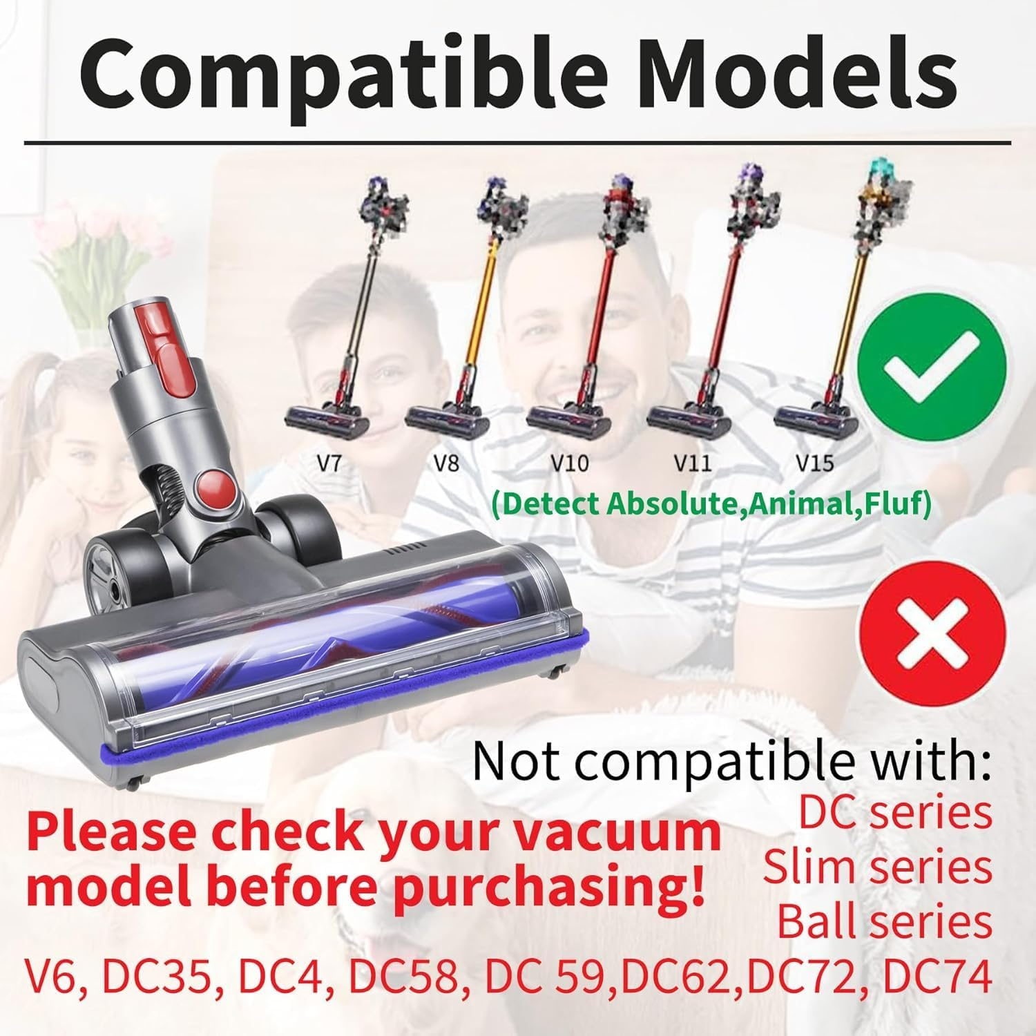 Vacuum Motorhead Compatible for Dyson V7 V8 V10 V11 V15 SV10 SV12 SV14 Animal Absolute Electric Head 4 LED V Shape Roller for Hard Floor Low Carpets image number 5