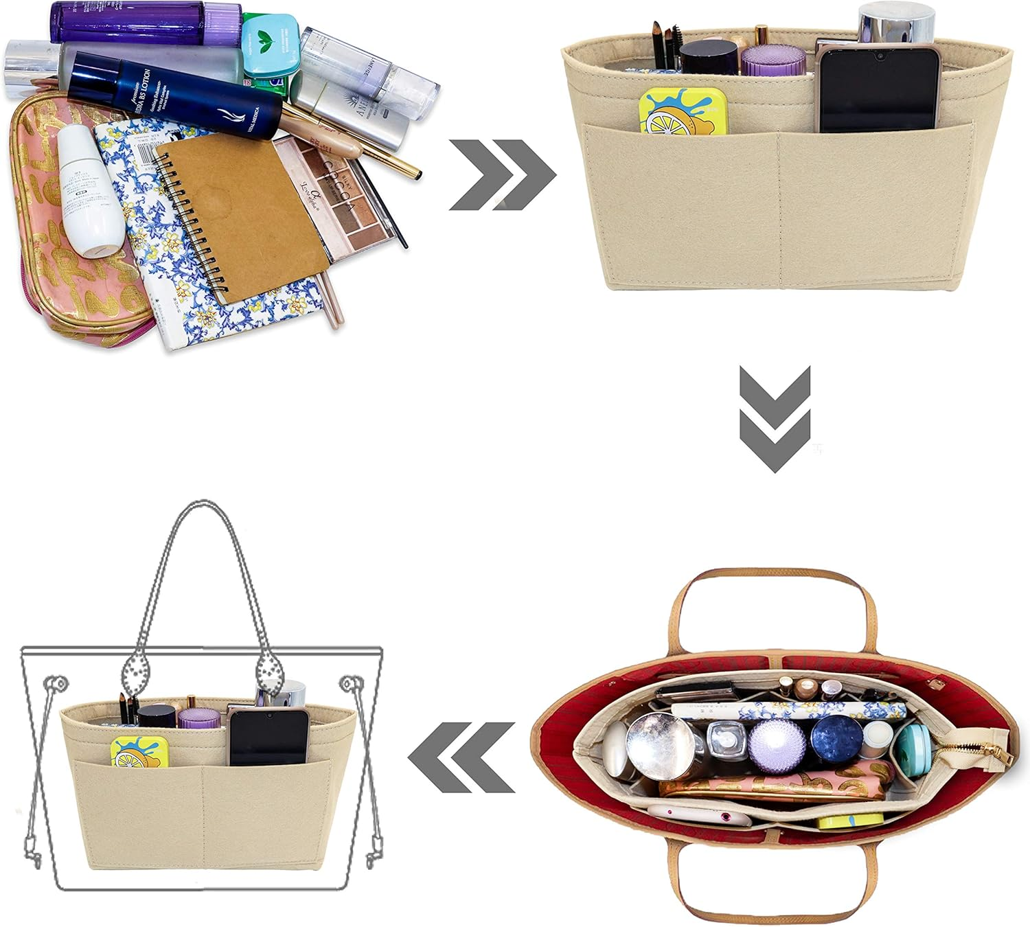 Fovasen Felt Handbag Organiser Insert, Bag Organiser Insert with Handles Keychain, Pocket Purse Cosmetic Storage Bag for Women,Beige-Meidium