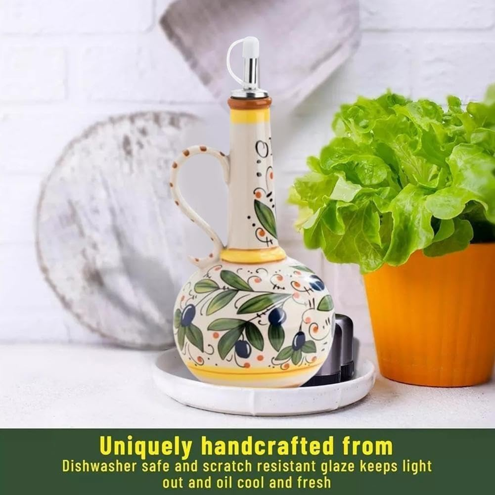 Ceramic Olive Oil Dispenser Bottle,Decorative Stoneware Olive Oil Cruet for Kitchen with Stainless Steel Spout, Hand Painted Olive Oil Bottles for Kitchen, Stoneware Olive Oil Cruet，Italian Style Deco image number 1