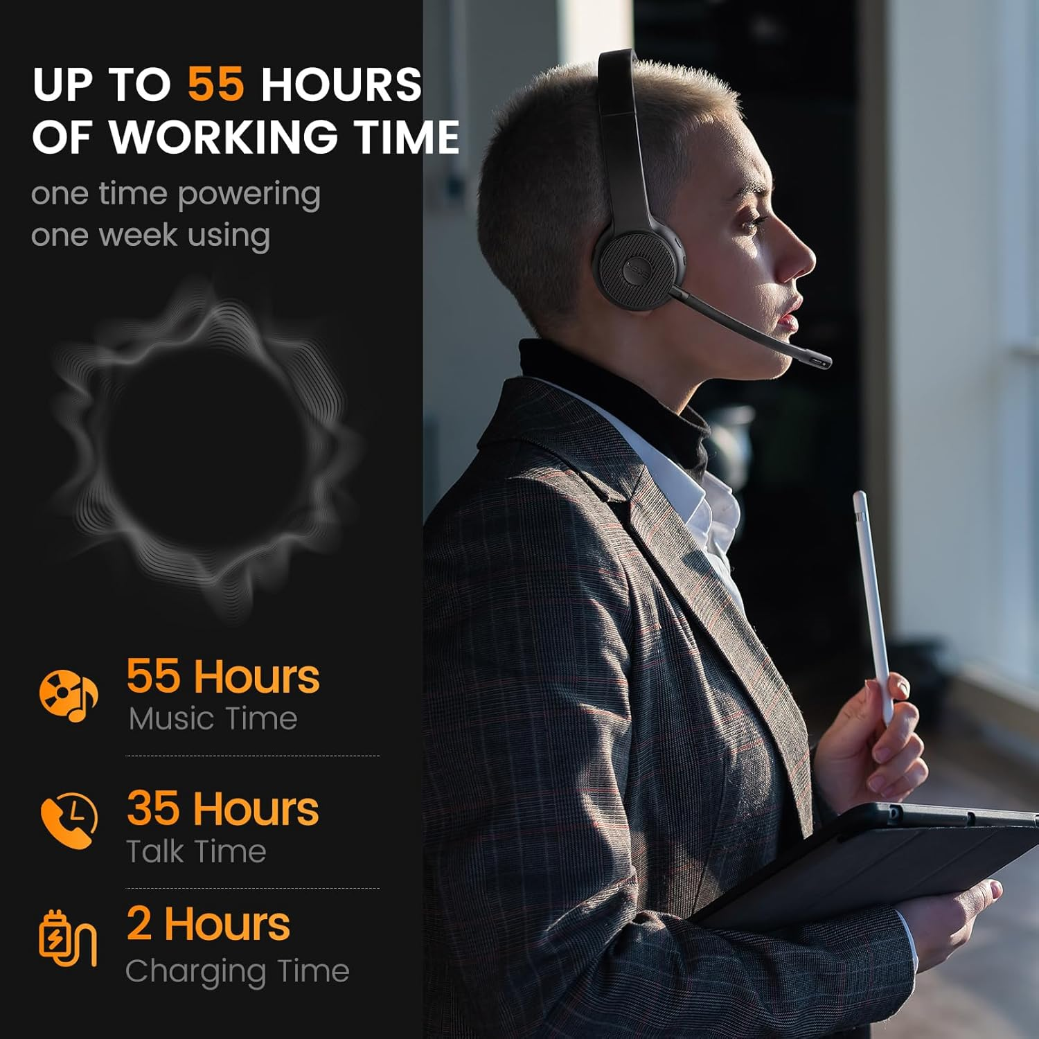 Bluetooth Headset V5.2, Wireless Headset for PC with AI Environmental Noise Cancelling Microphone (ENC), 2.4G USB Adapter, 55Hours Playtime, Stereo, Calls/Music Mode, on Ear Computer Headphones image number 2