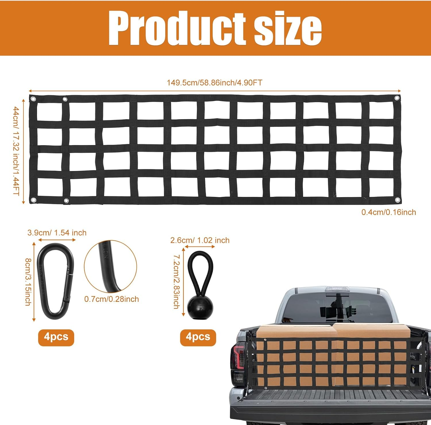 Tailgate Net for Pickup Truck Bed, Black 58.86X17.32In Mesh Tail Gate with Carabiner & Elastic Rope for Full Size Truck Cargo Trucks Bed Divider Truck Bed Net image number 4