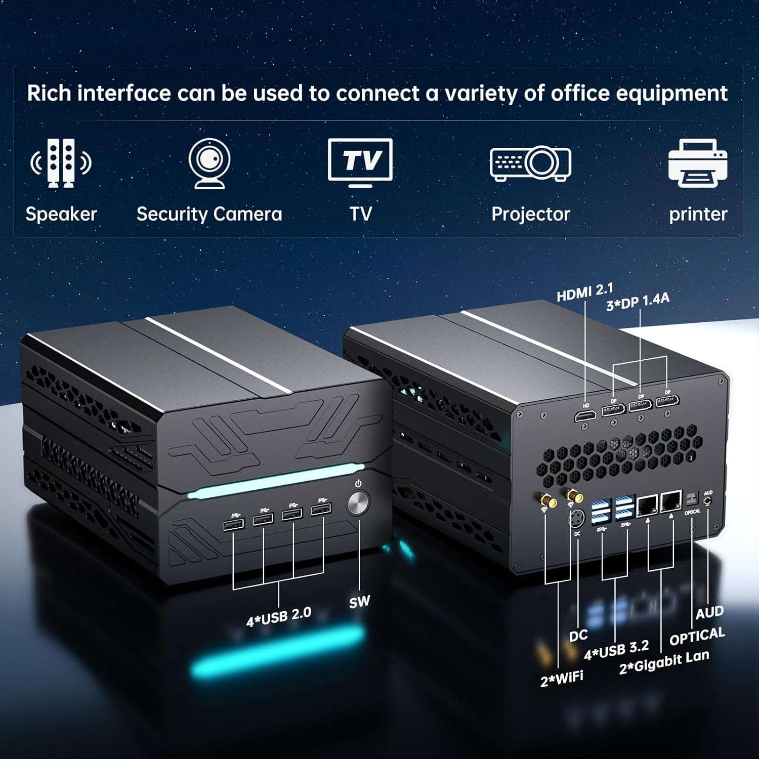 Mini Gaming PC, Desktop Computer I9-14900F 24 Cores Upto 5.8Ghz, 64G DDR5, 2T M.2 PCIE4.0 SSD, Win-11 Pro, Geforce Rtx5060Ti 16G, Four Display, 8K@60Hz Outputs, Dual LAN, Wifi7/Bt5.4