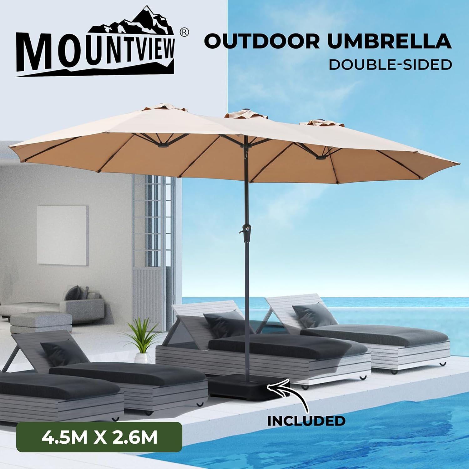 4X2M/4.5X2.6M Double-Sided Large Patio Umbrella with Base Included, Outdoor Extra Large Rectangle Market Umbrella with Crank Handle and 12 Sturdy Ribs for Pool Lawn Garden(Dark Grey/Khaki) image number 2