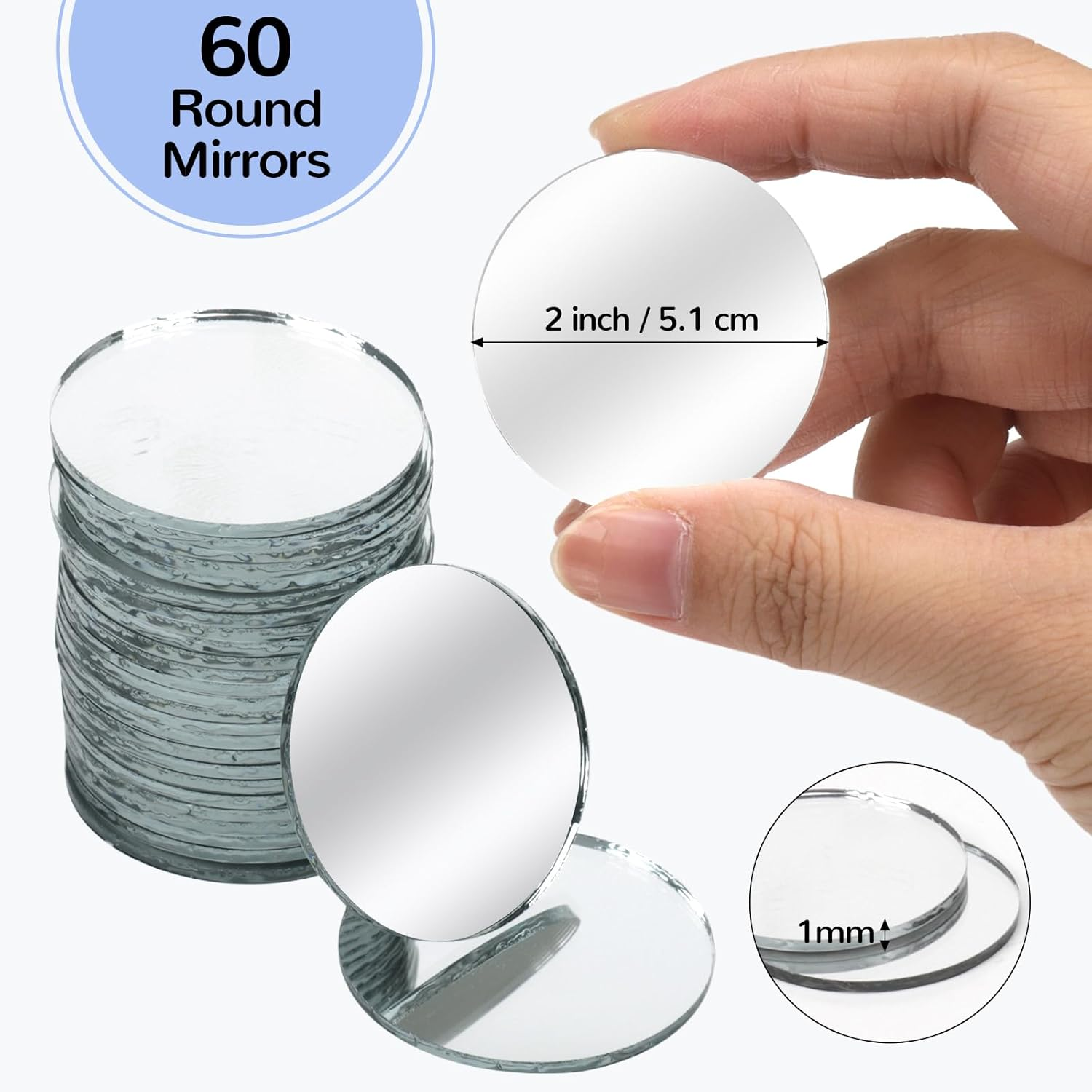 60 Pieces Small Circle Craft Mirror, 2 Inch Mini Mosaic Mirror Tiles round Decorative Glass Mirror for DIY Crafts image number 2