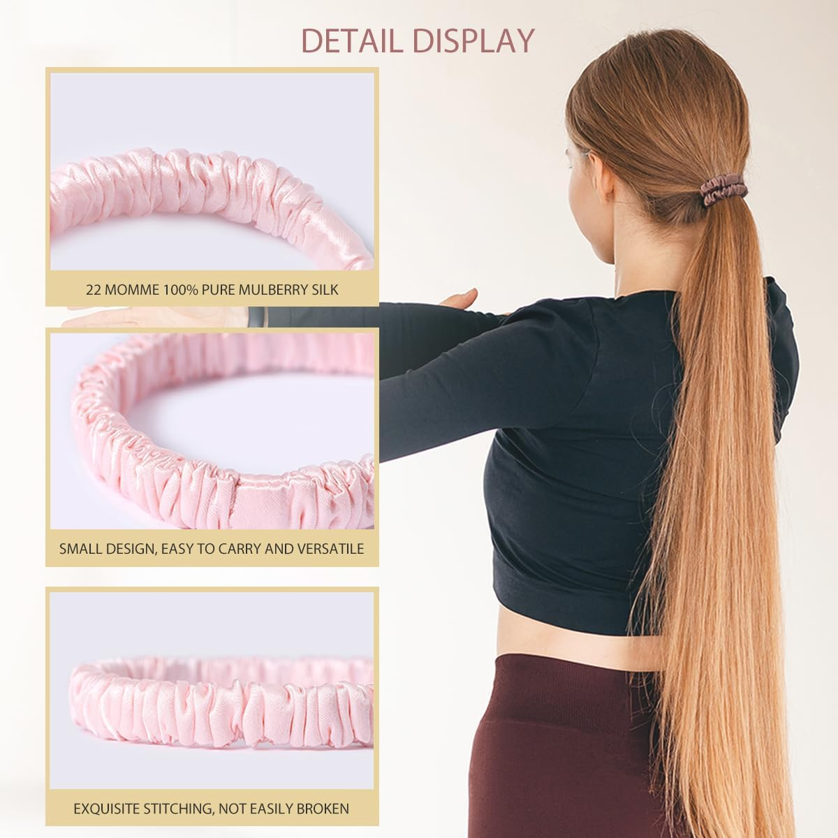 SEMRUE 22 Momme 100% Pure Mulberry Silk Scrunchies (4 PCS) - Small Hair Elastics and Ties for Women, Sleep Hair Care, No Damage, Black - 4Pcs(Black*2+Lotus Pink*2) image number 6