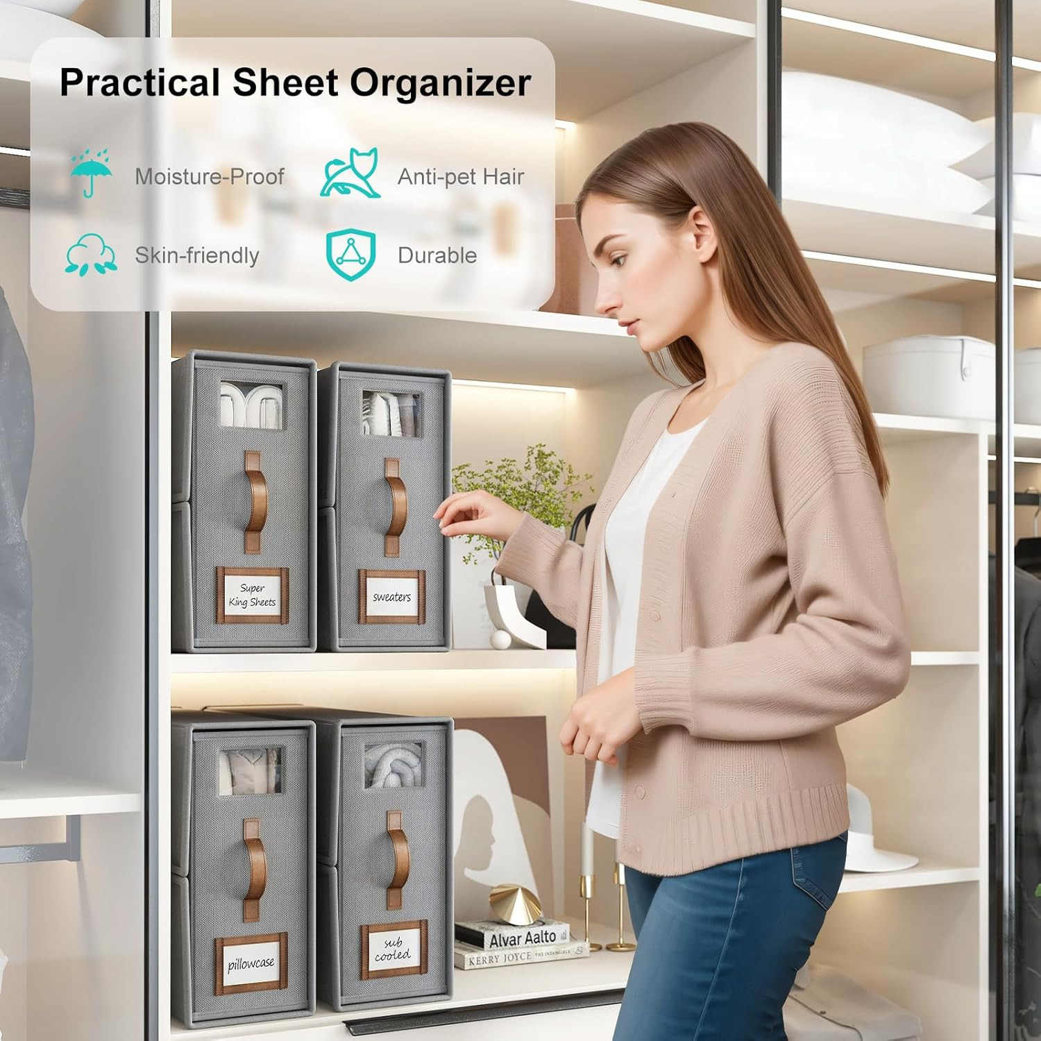 Bigponpon 4 Pack Bed Sheet Organizers and Storage,Foldable Sheet Organizer for Linen Closet(Super King Size),Linen Bedding Storage Box with Leather Handle for Bedsheets,Flannel Blankets,Thin Quilts image number 2