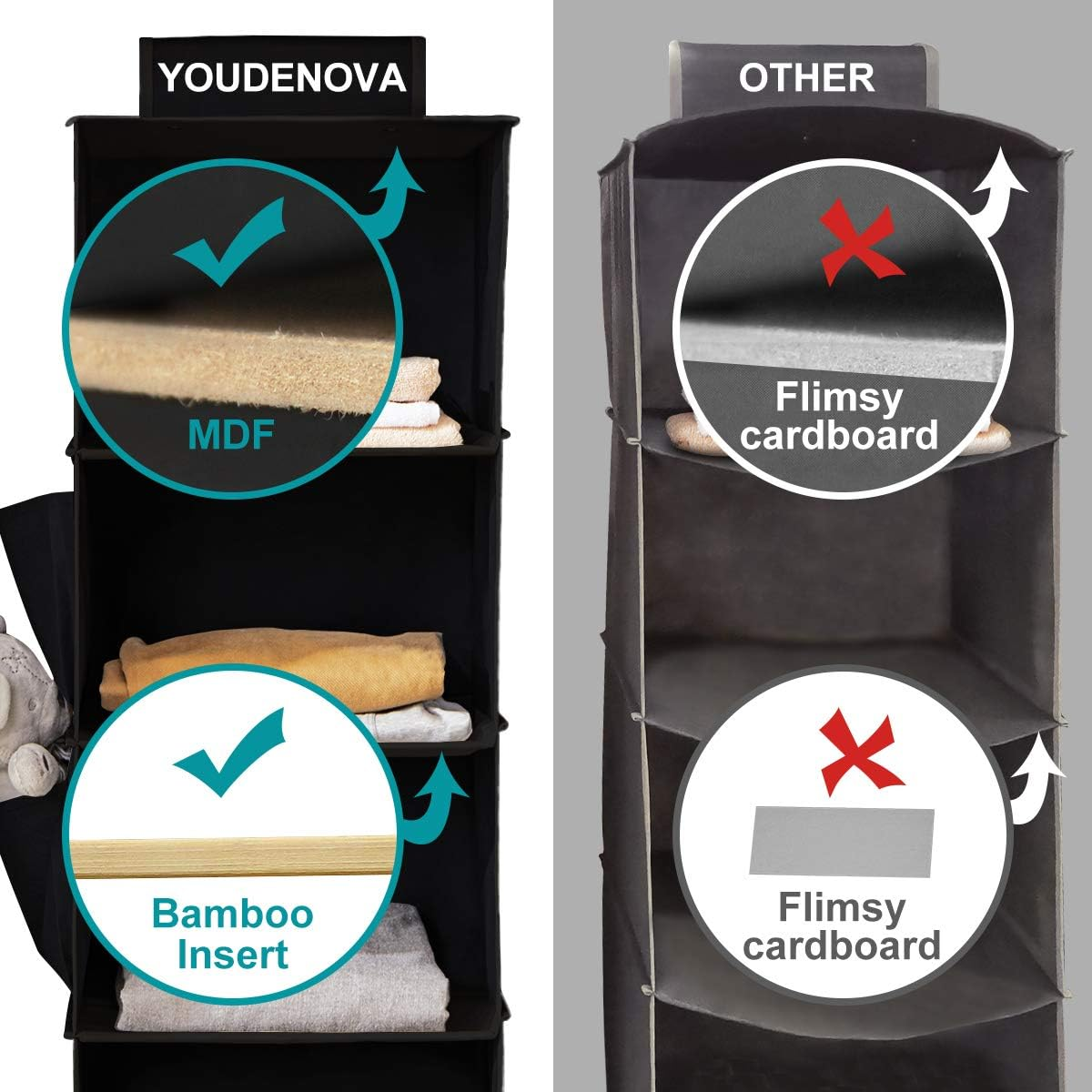 YOUDENOVA Hanging Shelf, 4-Shelf Modern Organiser, Sturdy Hanging Storage with Bamboo & MDF, Reinforced Black image number 5