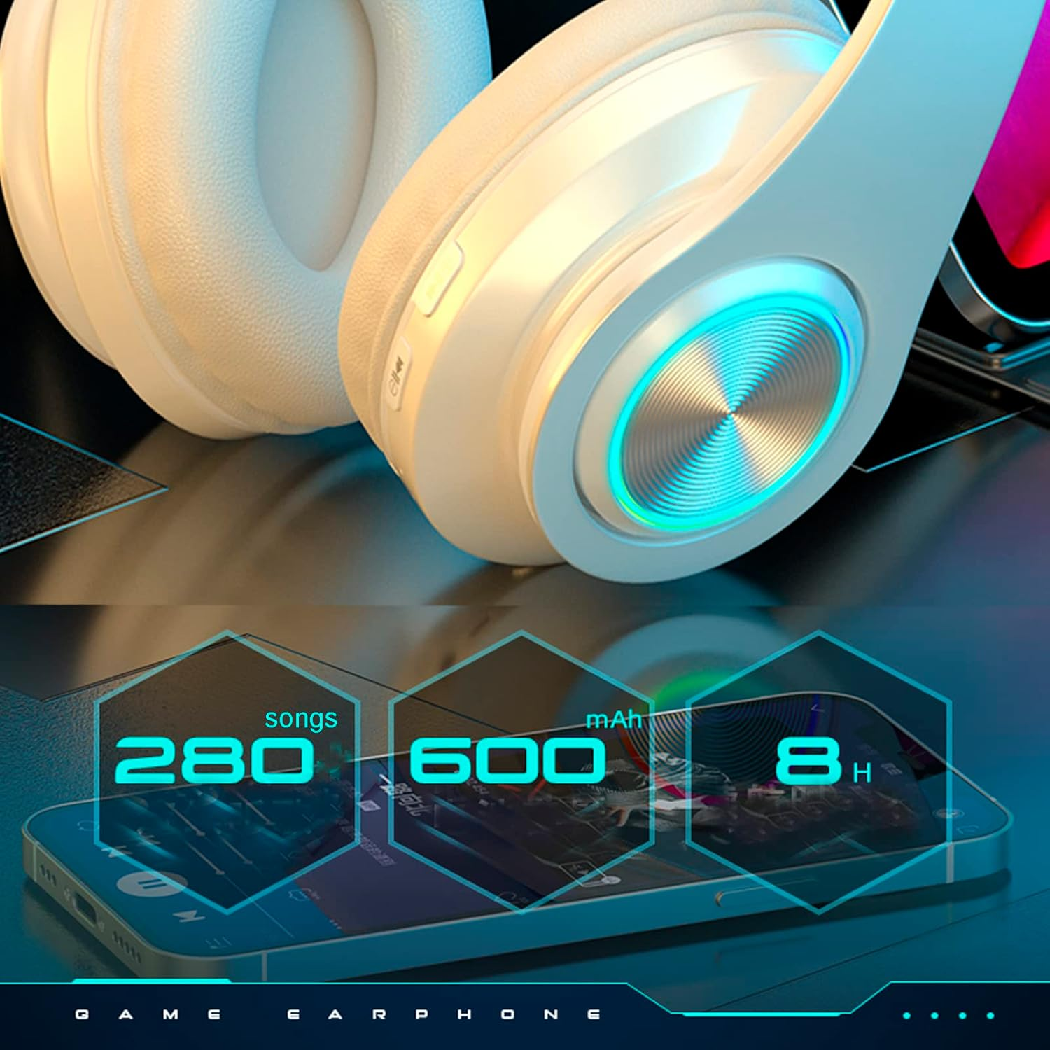 ESSGUO over Ear Kids Bluetooth Headphones, Colorful LED Lights Headphones with Built-In Mic, Wired & Wireless Lightweight Foldable Hifi Stereo Headset for Gift, Tablet, Adult, Game(White)