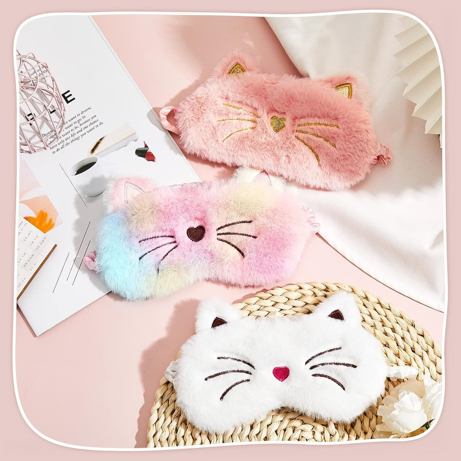 Kids Sleep Eye Mask - Plush Animal Sleeping Eye Cover, 3 Pcs Soft Funny Blindfold, White, Pink, Rainbow, Cat Style image number 5