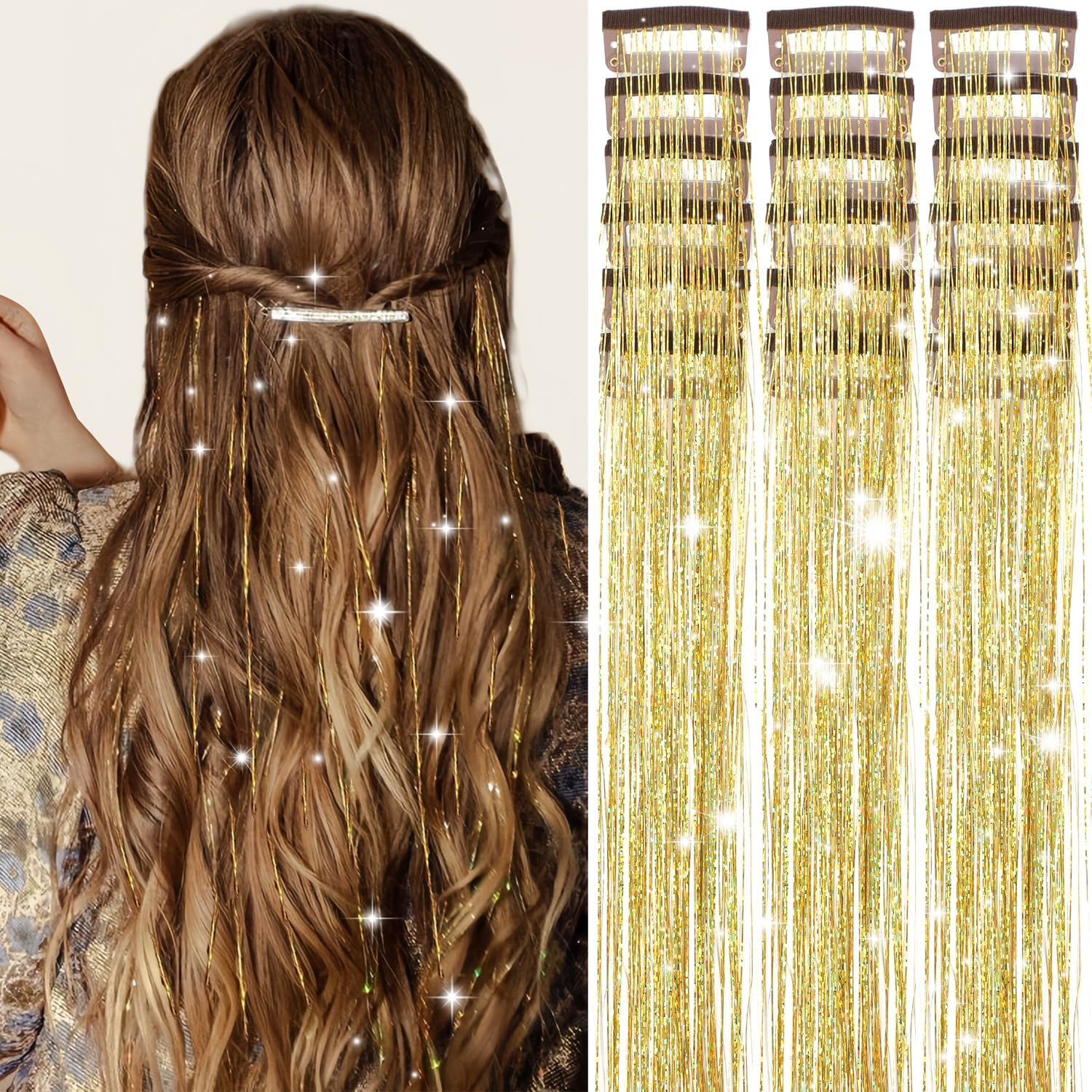 Obinying Hair Tinsel Pack of 18 Pcs Hair Tinsel Clip in 20.5 Inch Glitter Tinsel Hair Extensions Clip in Hair Tinsel Kit Party Festival Fairy Hair Accessories for Girls Women Kids (Silver)