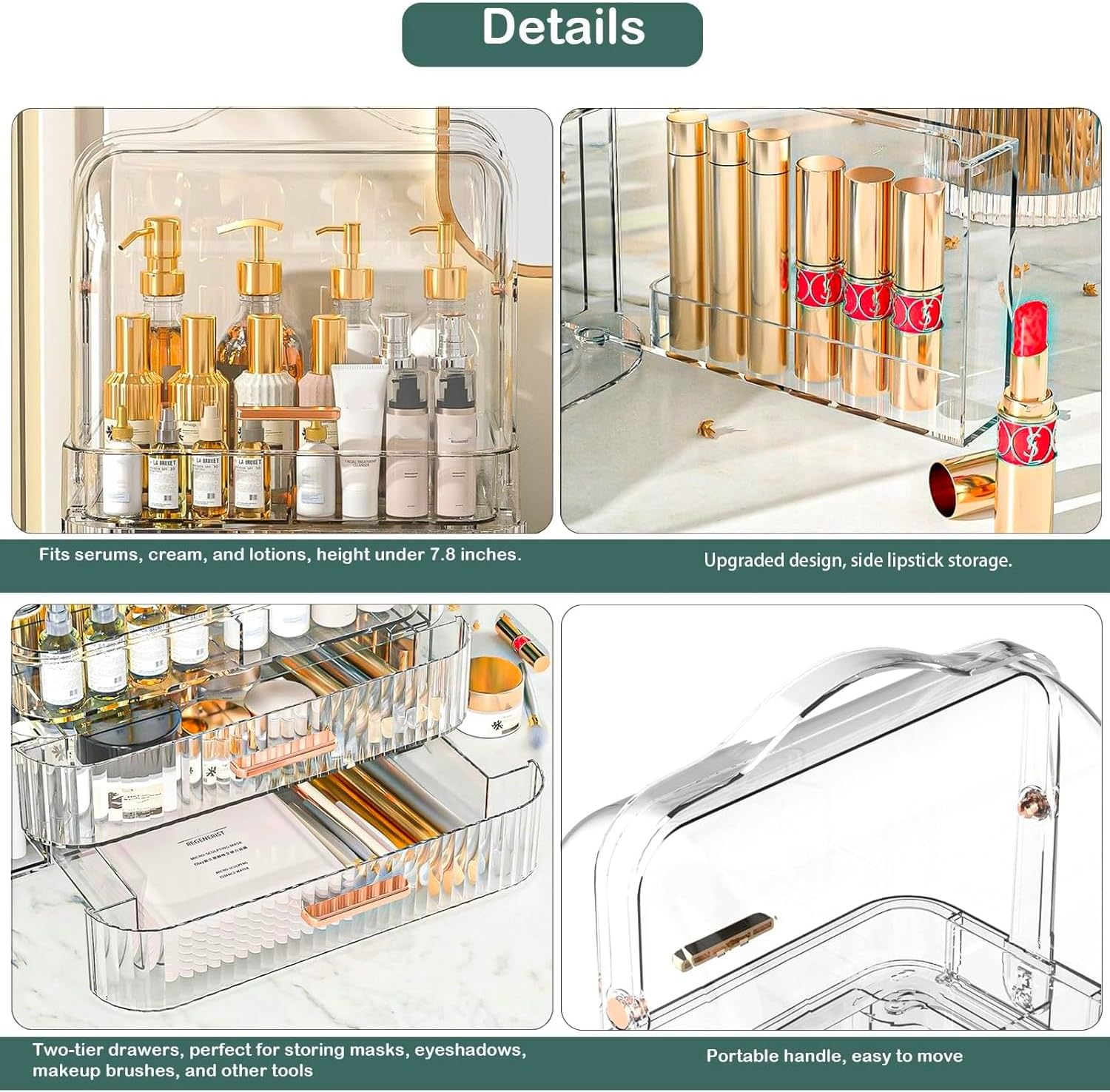 Makeup Organizer Bathroom Organizers and Storage, Clear Skincare Organizer with Lid and 2 Drawers, Cosmetic Organizer Countertop, Cosmetic Display Case for Vanity Bathroom Countertop. image number 3