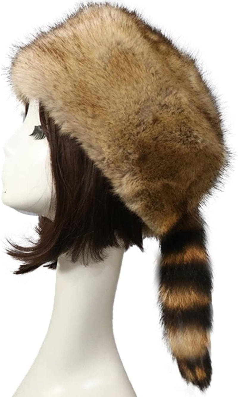 Faux Fur Raccoon Tail Hat for Women Men, Faux Coonskin Cap with Tail Flat Top Winter Hat, Raccoon Tail, One Size image number 5