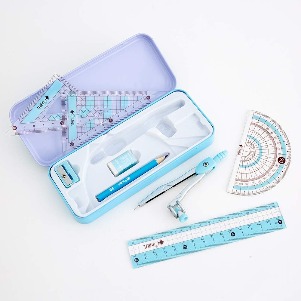 8 Pcs Compass/Math Set for Students with Shatterproof Storage Box, Geometry Set for School, Includes Ruler, Protractor, Compass, Pencil,Pencil Sharpener and Eraser,Etc.