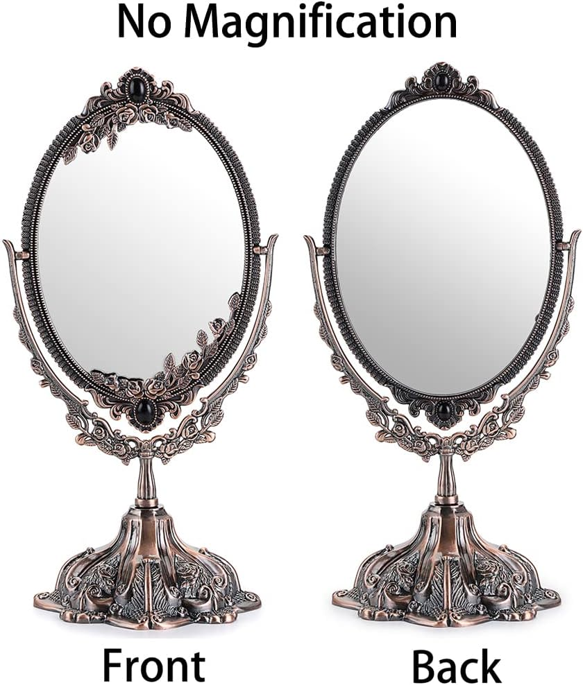 JUXYES Metal Tabletop Antique Decorative Makeup Mirror with Stand, Vintage Swivel Double Sided Cosmetic Mirror with Frame, Retro Desktop Oval Dressing Mirror for Bathroom Bedroom image number 2