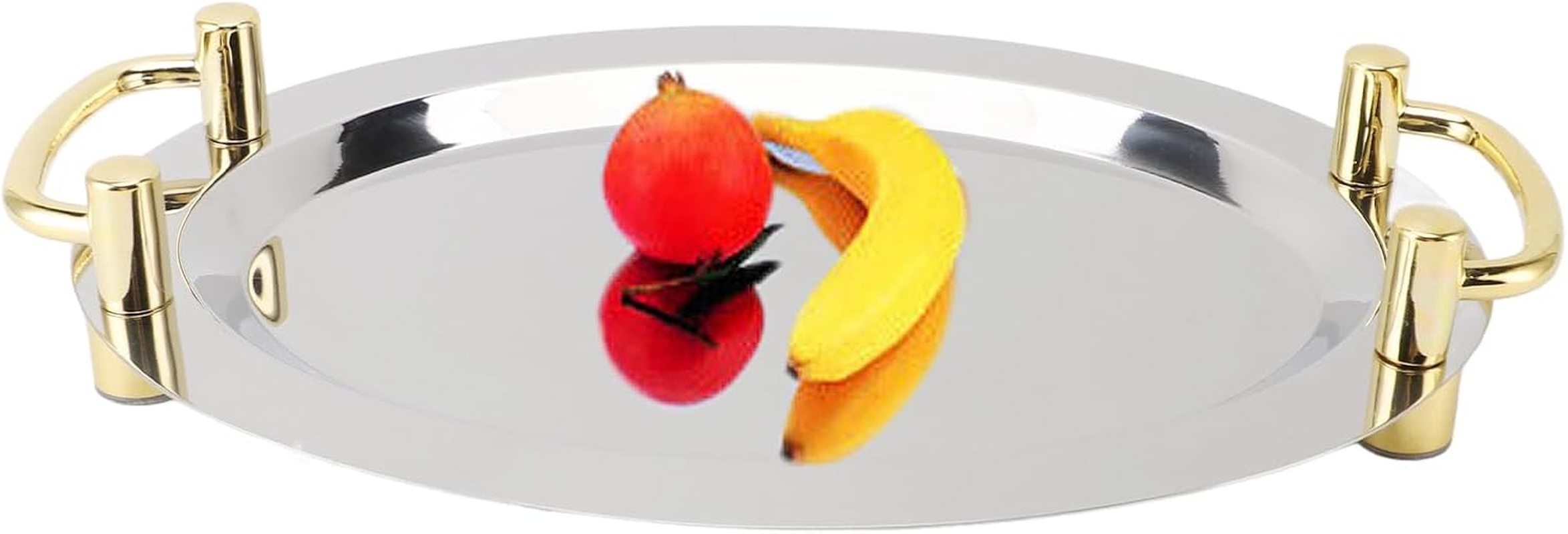 Stainless Steel Tray with Handle, Tea Drink Platter Platter, Service Tray, Decorative Serving Platter for Dessert, Fruit, Snack, Cafe, Banquet, Party (Rectangle Shape with Gold